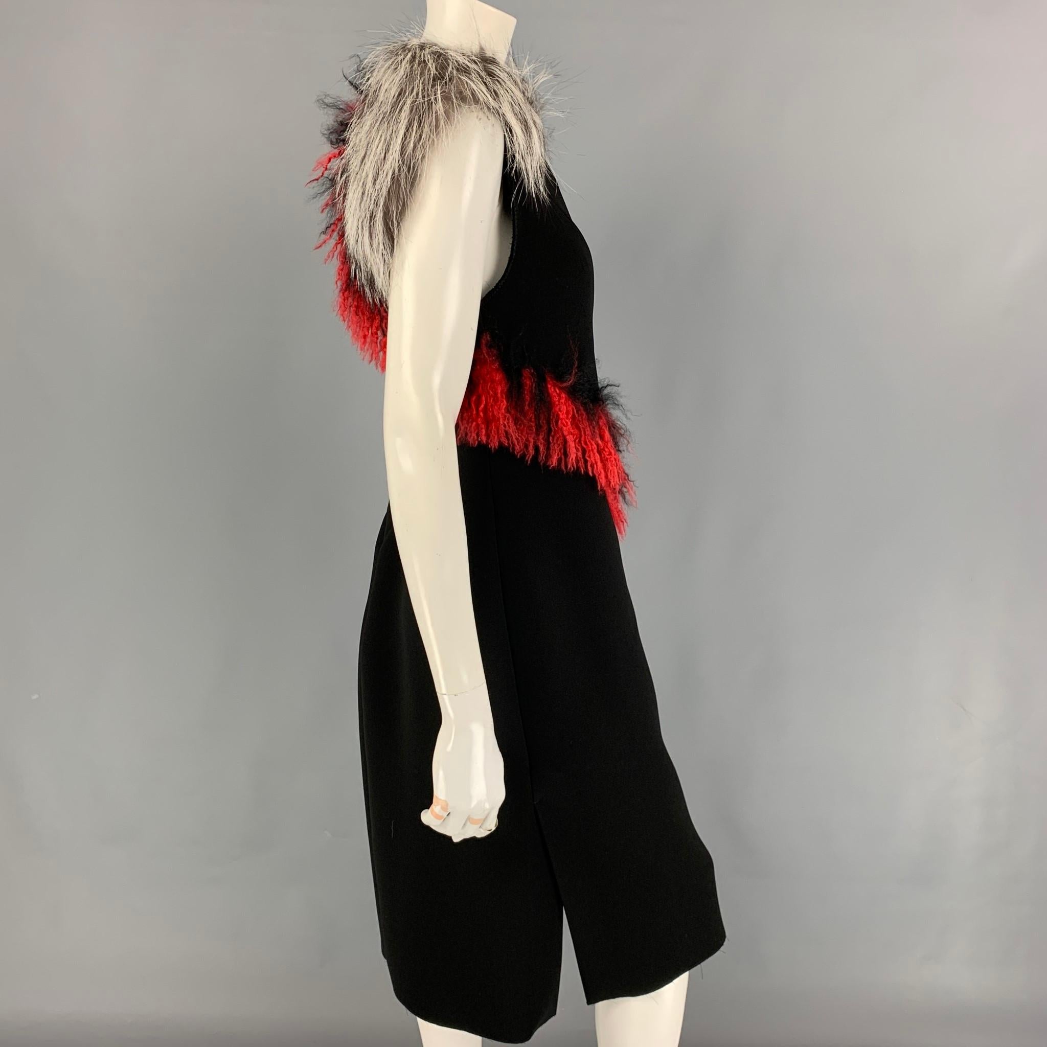 PROENZA SCHOULER Size 8 Black Polyester Lamb Fur Trim Sheath Cocktail Dress In Excellent Condition In San Francisco, CA
