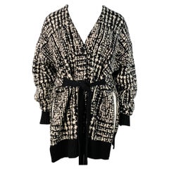 PROENZA SCHOULER Size L Black White Wool Geometric Knit V-Neck Tie Coat