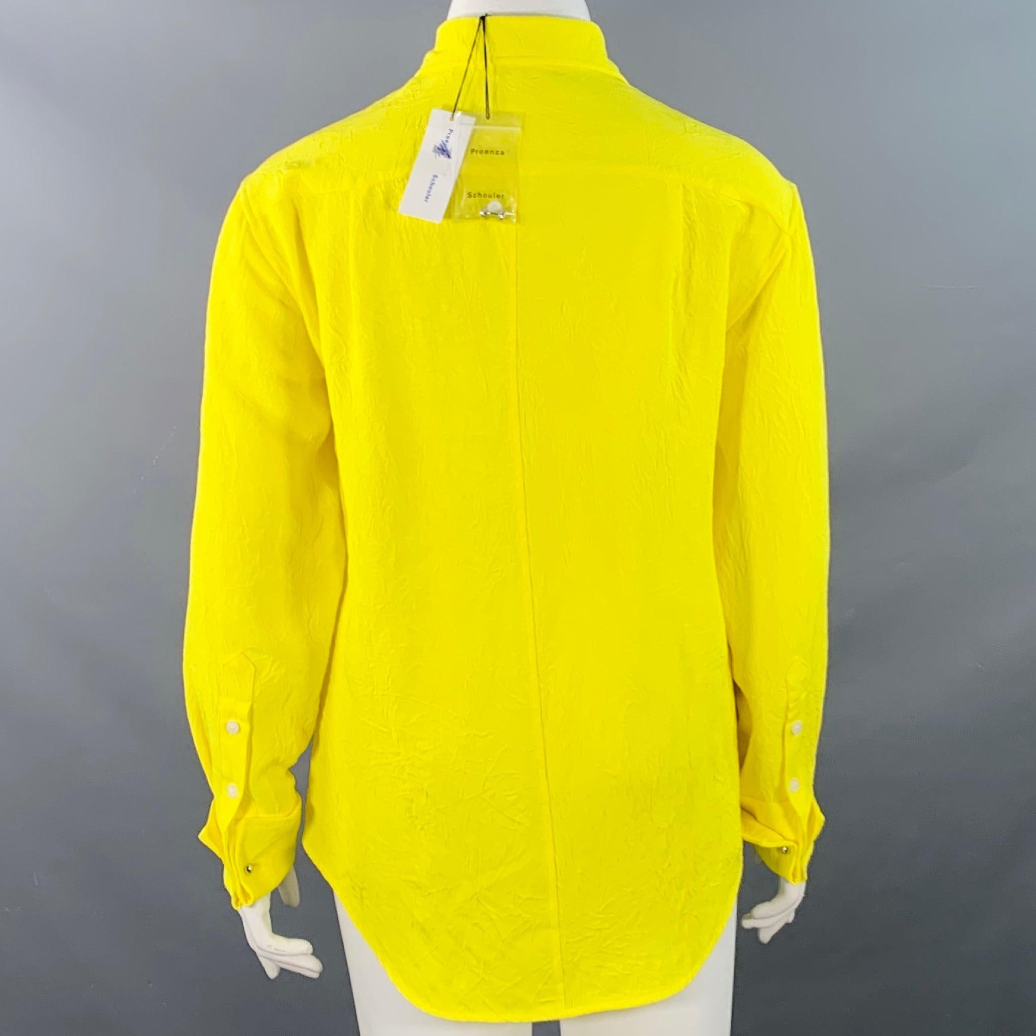 Proenza Schouler Taglia L Camicia a maniche lunghe in acetato stropicciato giallo neon con abbottonatura nascosta In condizioni ottime in vendita a San Francisco, CA