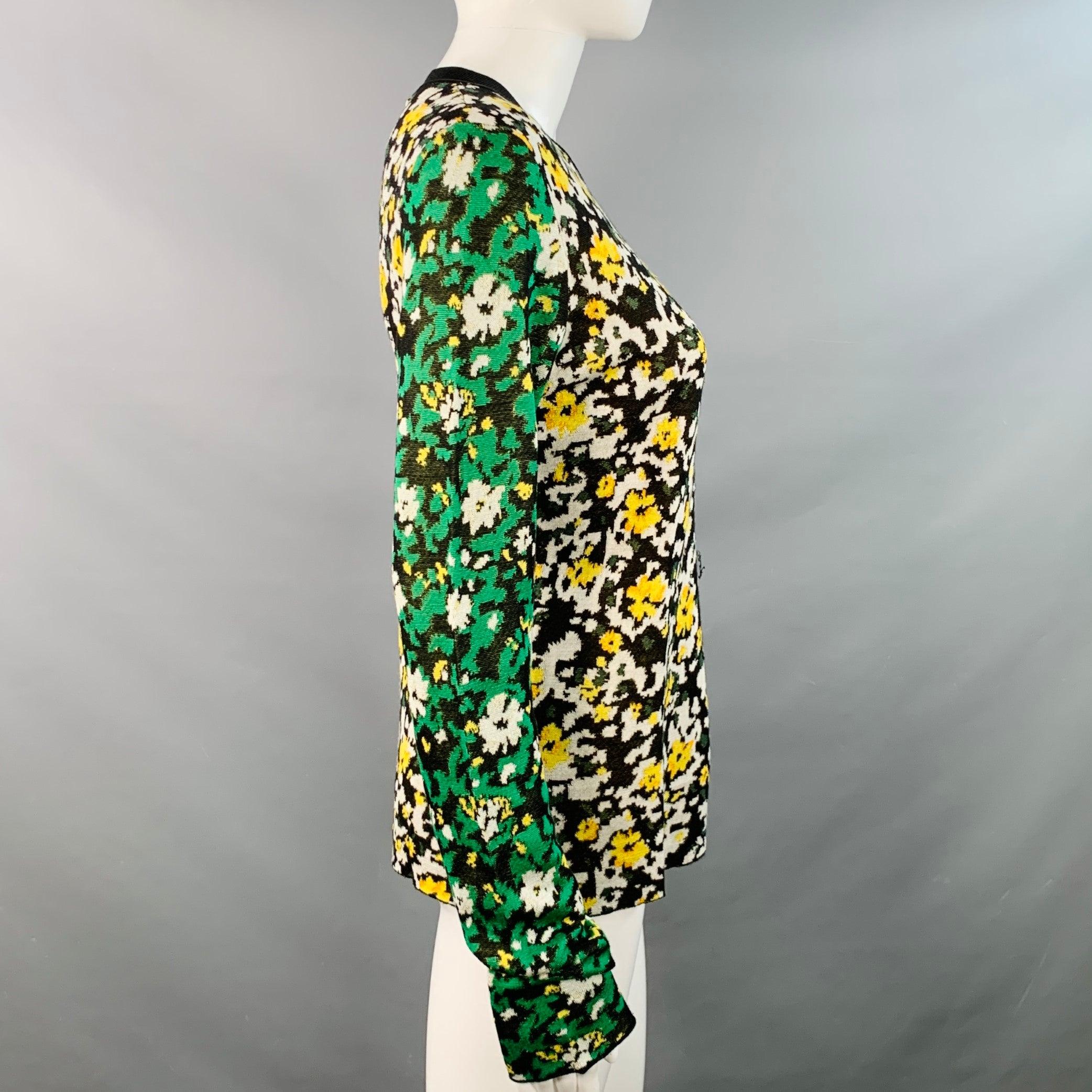 PROENZA SCHOULER Size M Black Green White Silk Color Block Floral Pullover In Good Condition For Sale In San Francisco, CA