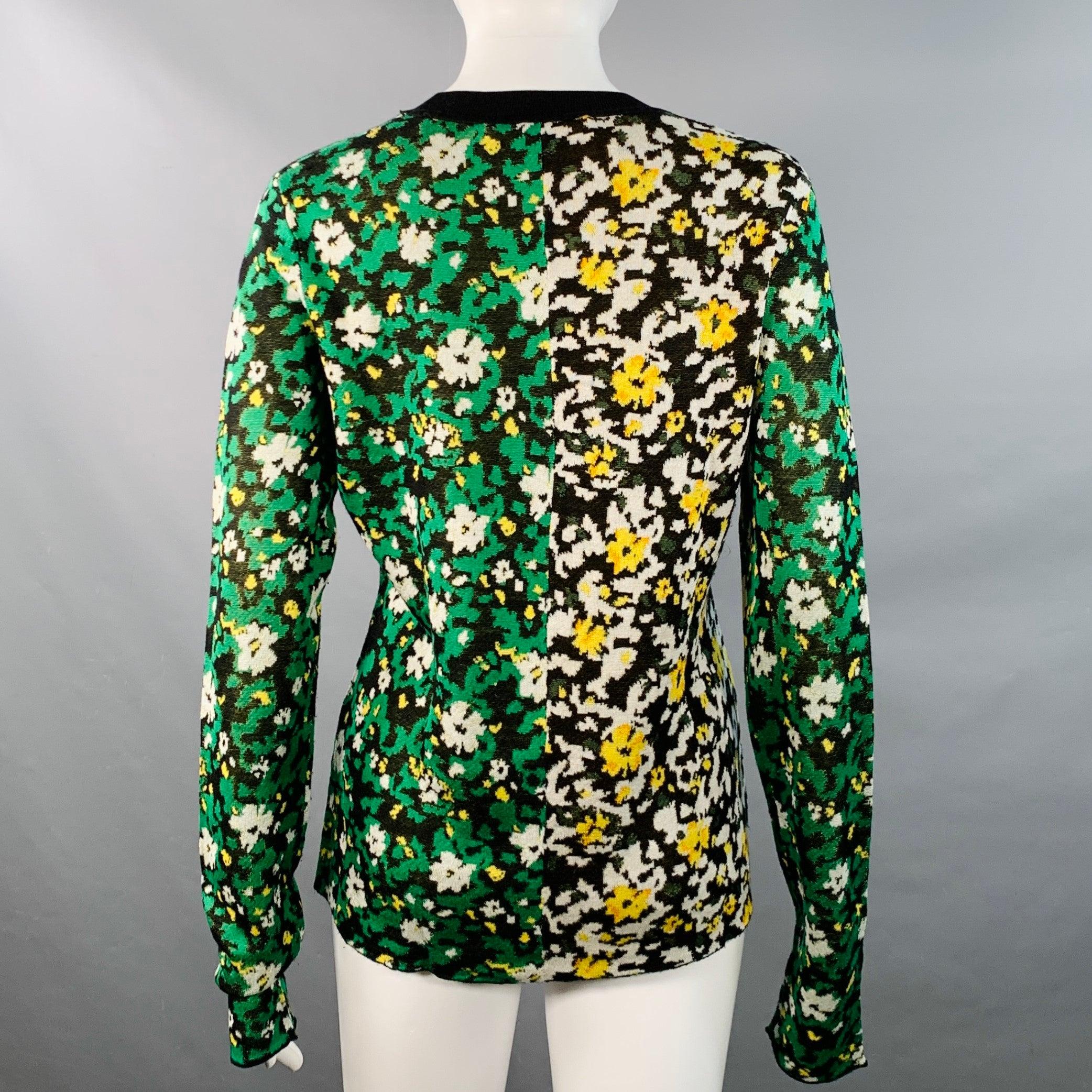 Women's PROENZA SCHOULER Size M Black Green White Silk Color Block Floral Pullover For Sale