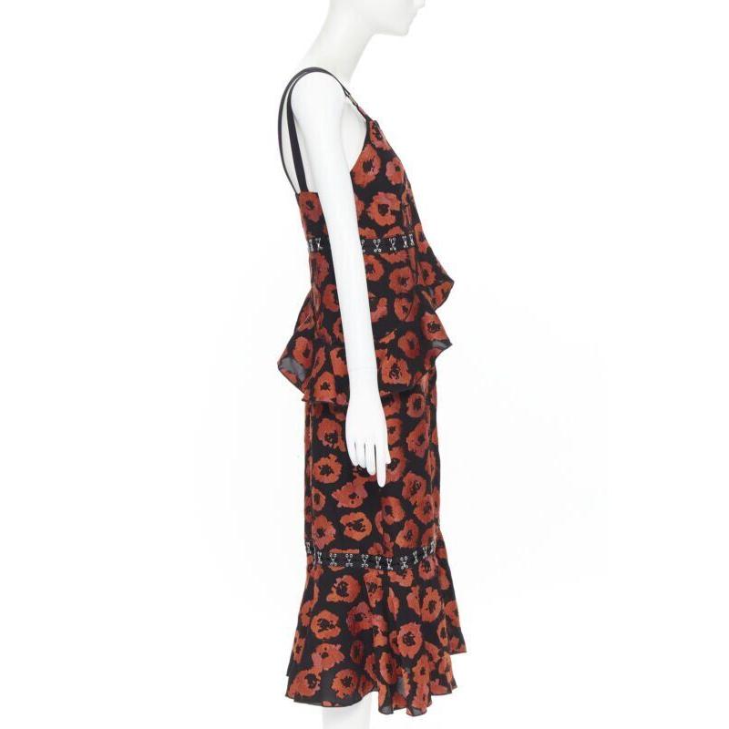 Women's PROENZA SCHOULER SS18 black red floral jacquard hook eye ruffle dress US4 For Sale
