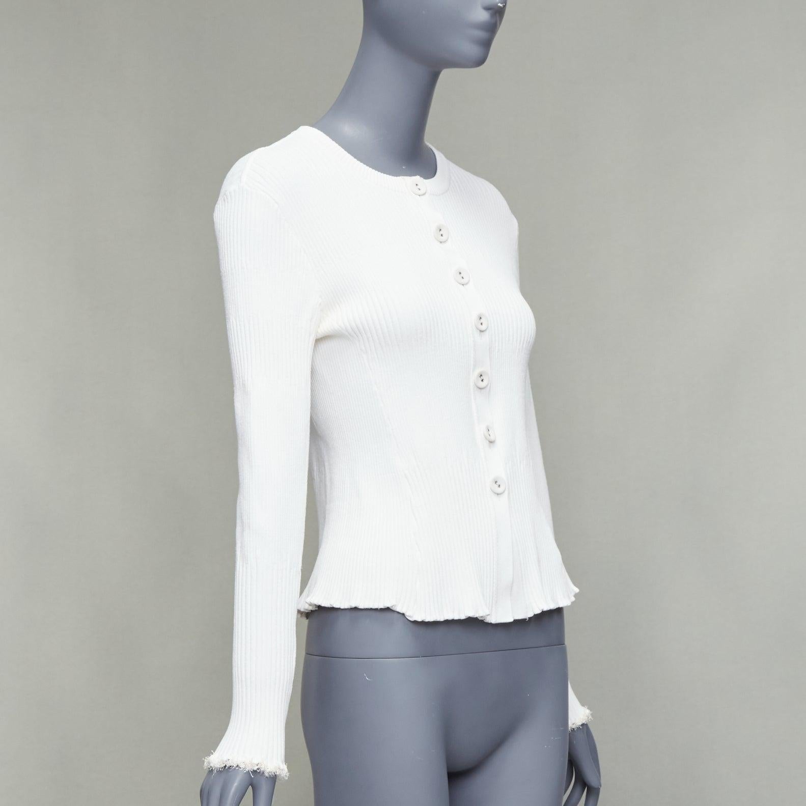 PROENZA SCHOULER white fabric button ribbed fringe trim cardigan M In Good Condition In Hong Kong, NT