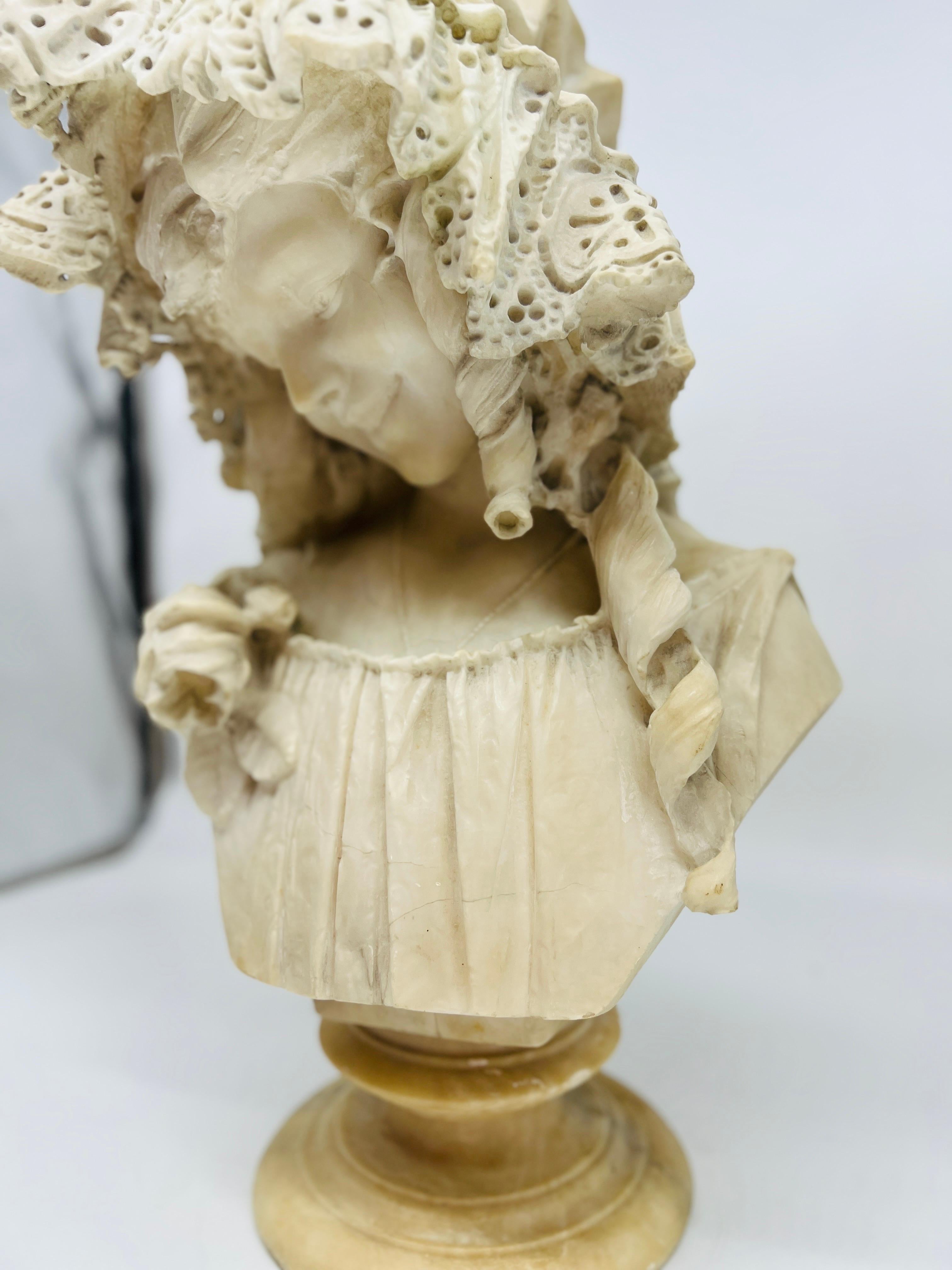 19th Century Prof. Antonio Frilli Italian Carved Alabaster Bust of a Young Women circa 1895 For Sale