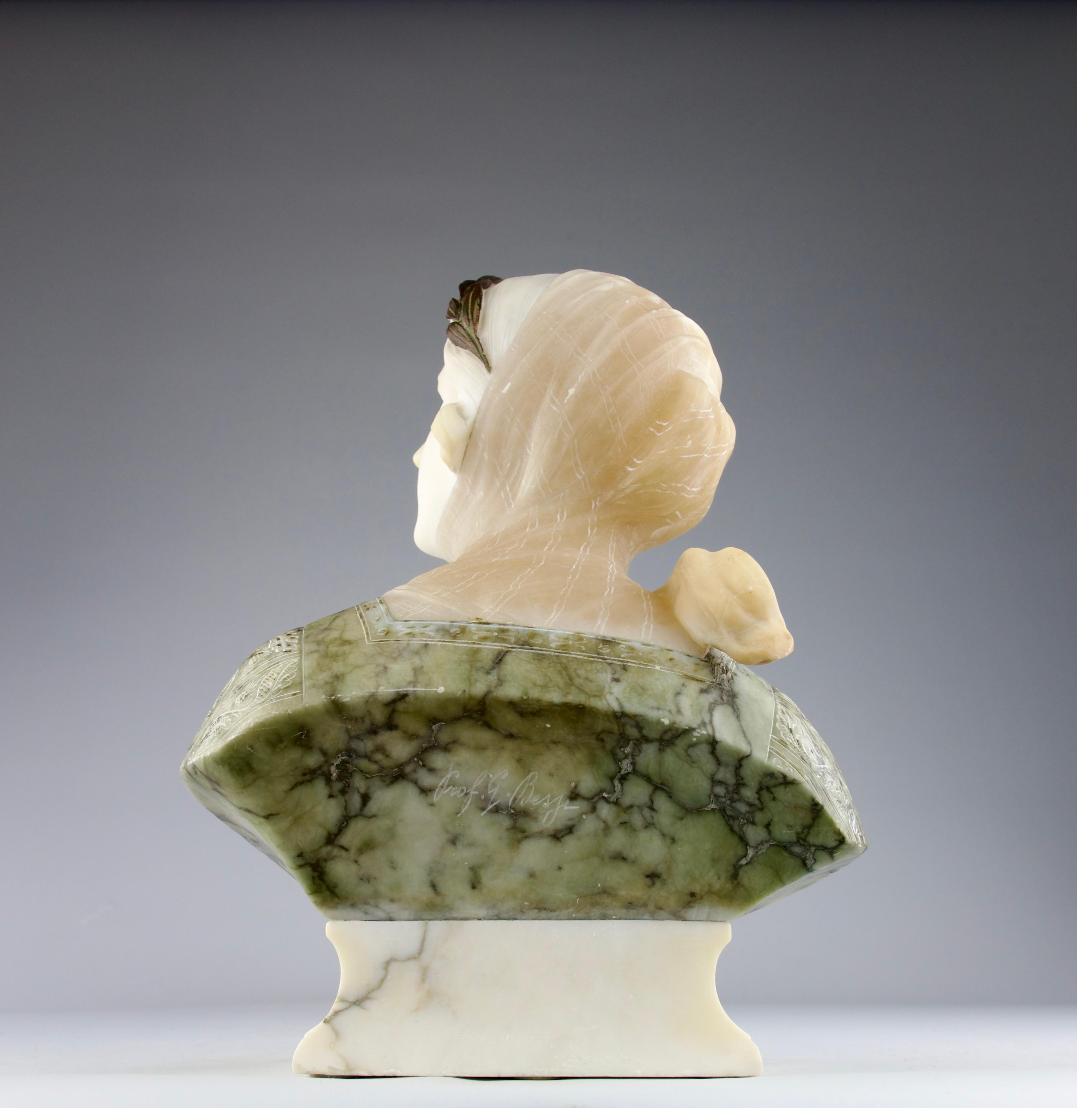 Albâtre Giuseppe Bessi, Buste de femme couronnée, Italie, XIXe siècle en vente