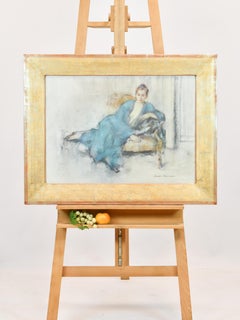 Model in green dress posing on antique ban - Schroder - Dutch - Impressionism