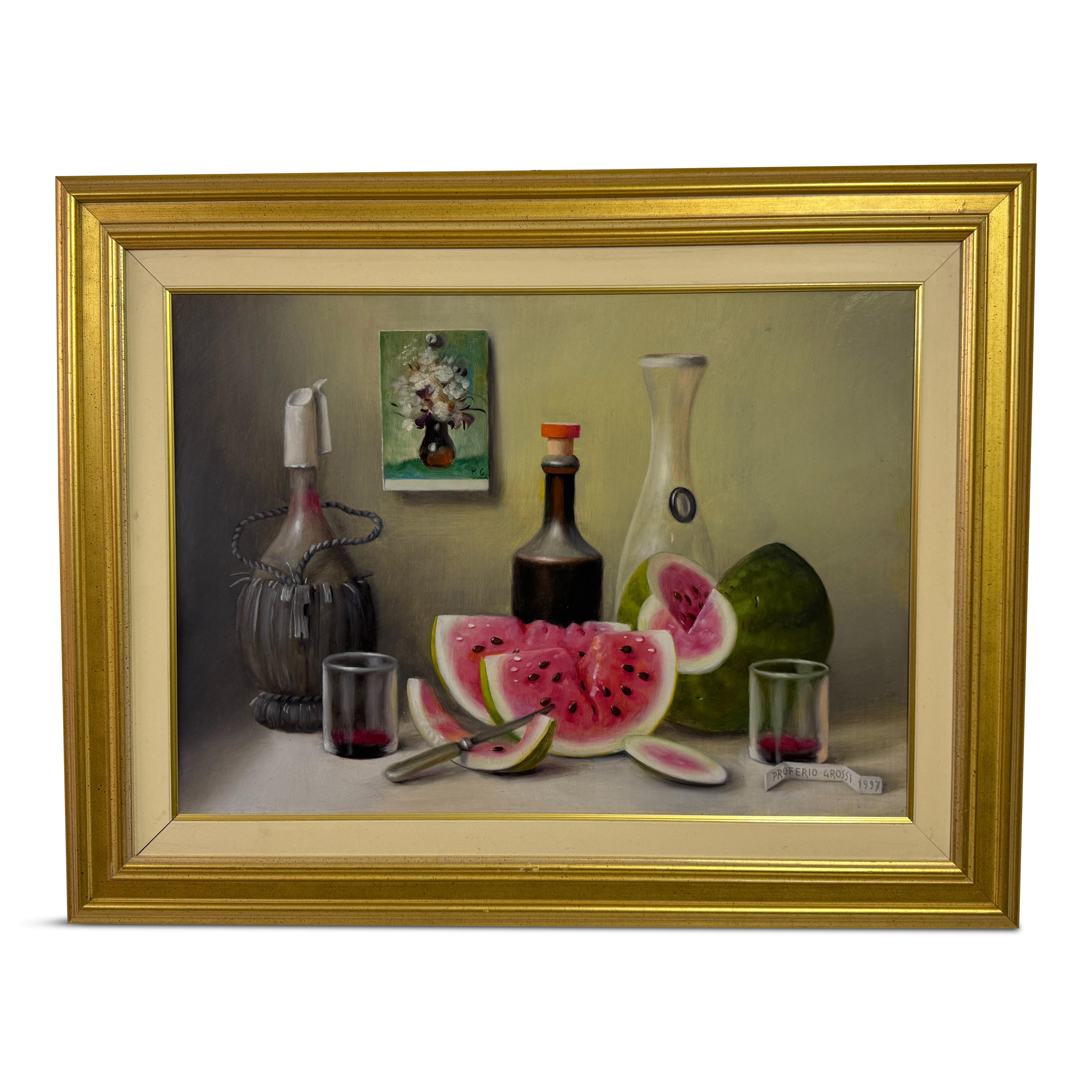Proferio Grossi, Stilleben mit Wassermelonen, 1997

Ein leuchtendes Stillleben des italienischen Künstlers Proferio Grossi aus dem Jahr 1997, das einen ruhigen, theatralischen Moment häuslichen Überflusses einfängt. Die in Grossis feinem