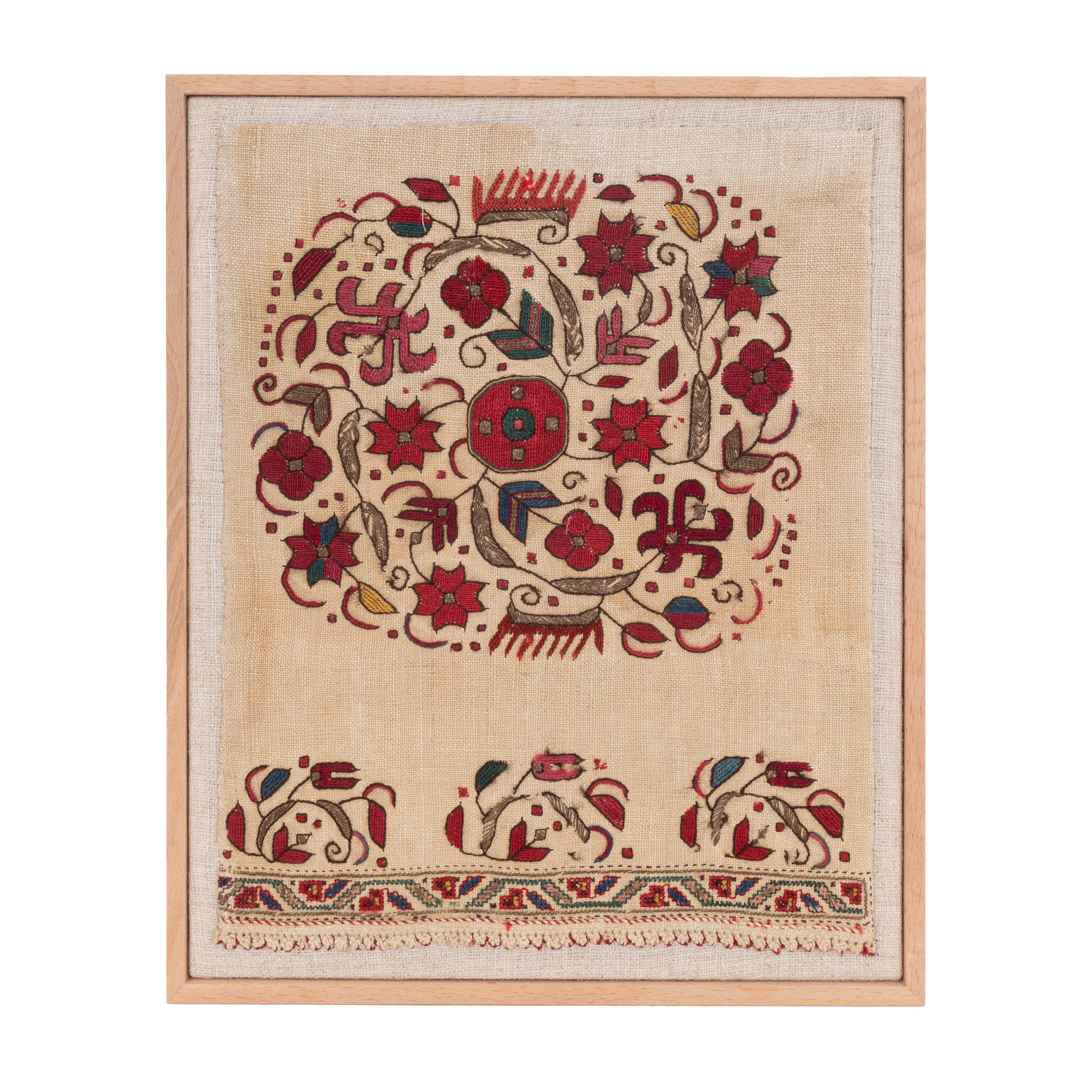 First the fragment has been hand backed on a linen fabric, then stretched over a wooden stretcher and finished with a wooden frame.
Late 19th C. Bulgaria.
Ready to go on a wall.

Framed Item above is made from a used and antique embroidery therefore