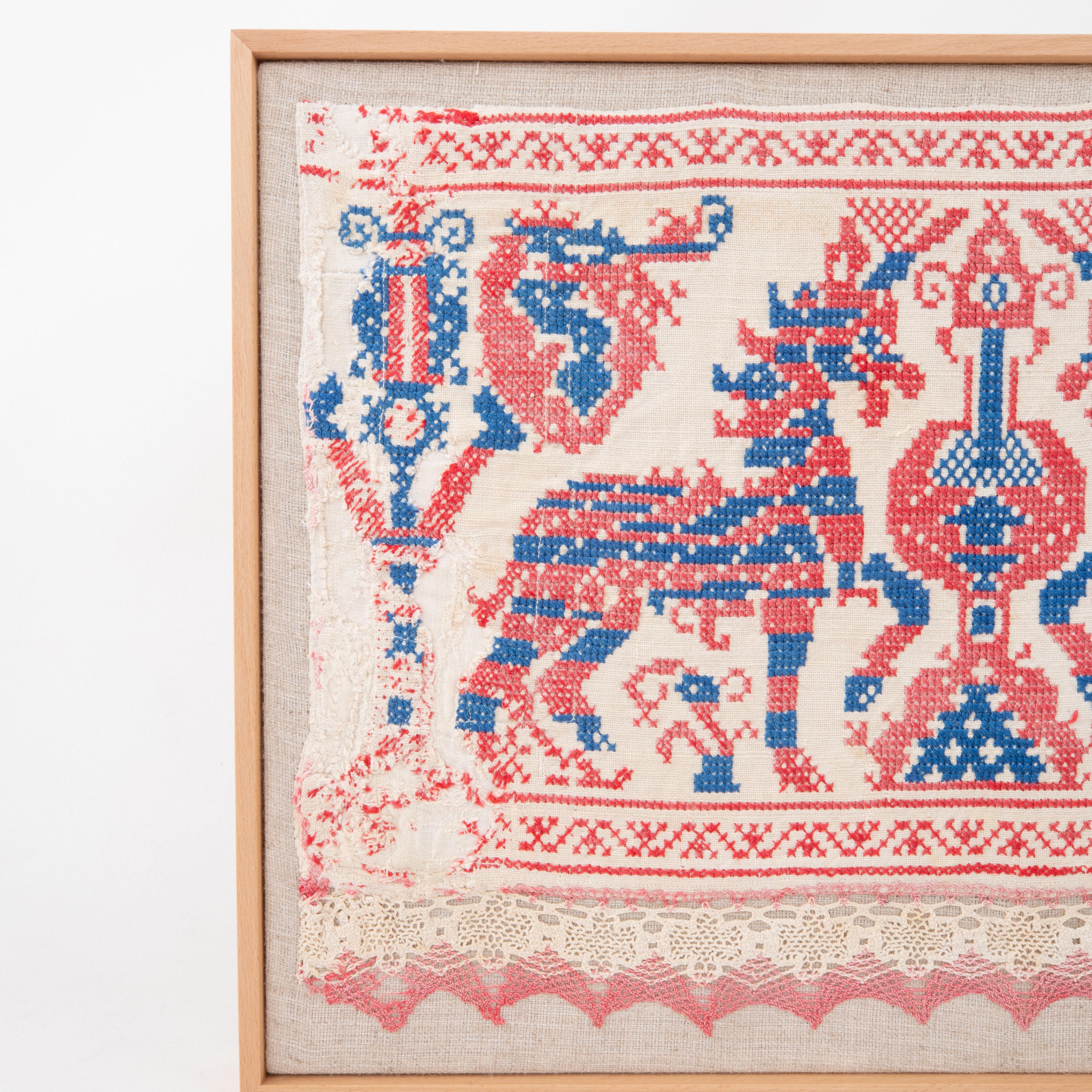 Folk Art Professionally Framed Antique Embroidery Fragment, Europe, E 20th C.