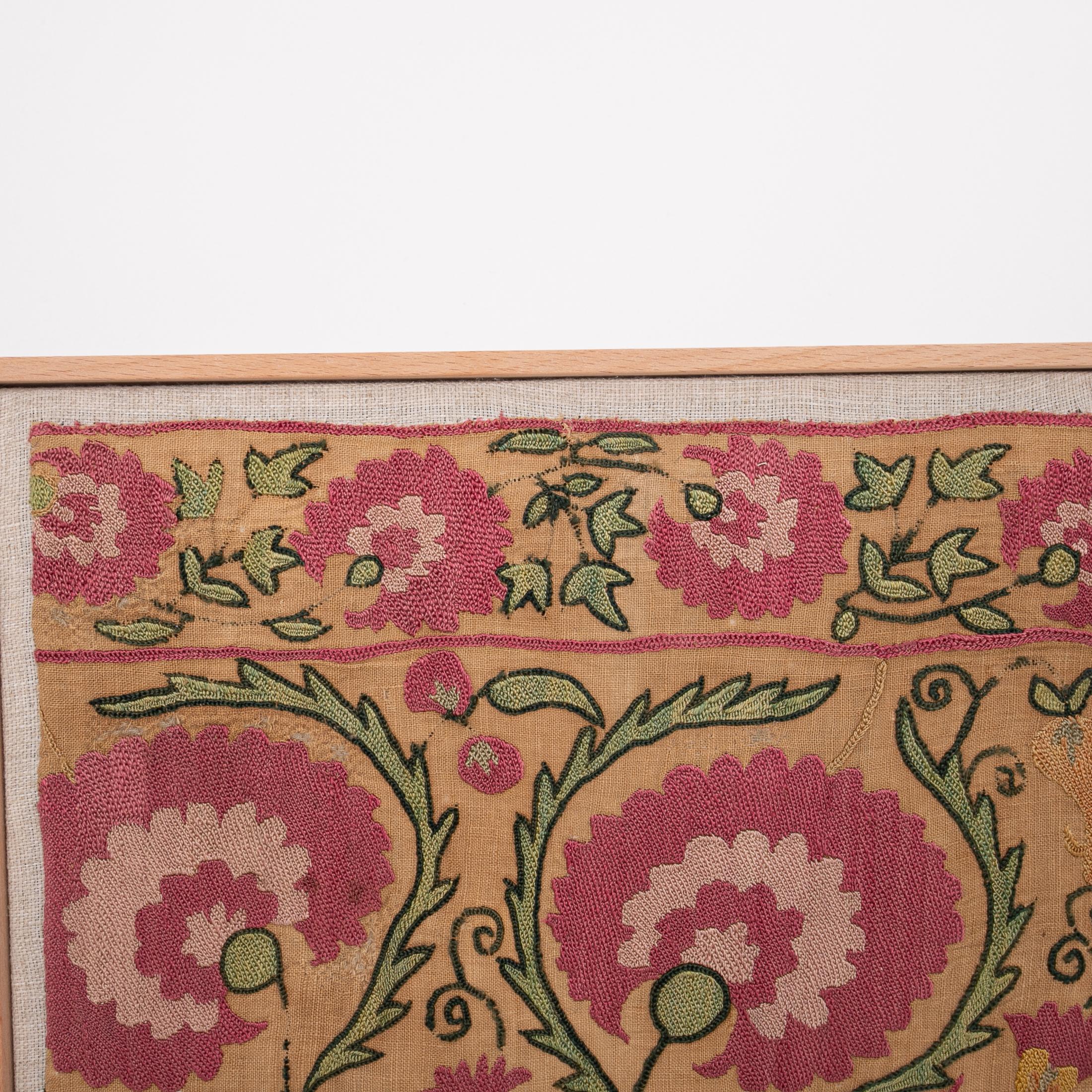 Tajikistani Professionally Framed Antique Suzani Fragment, 19th Century. For Sale