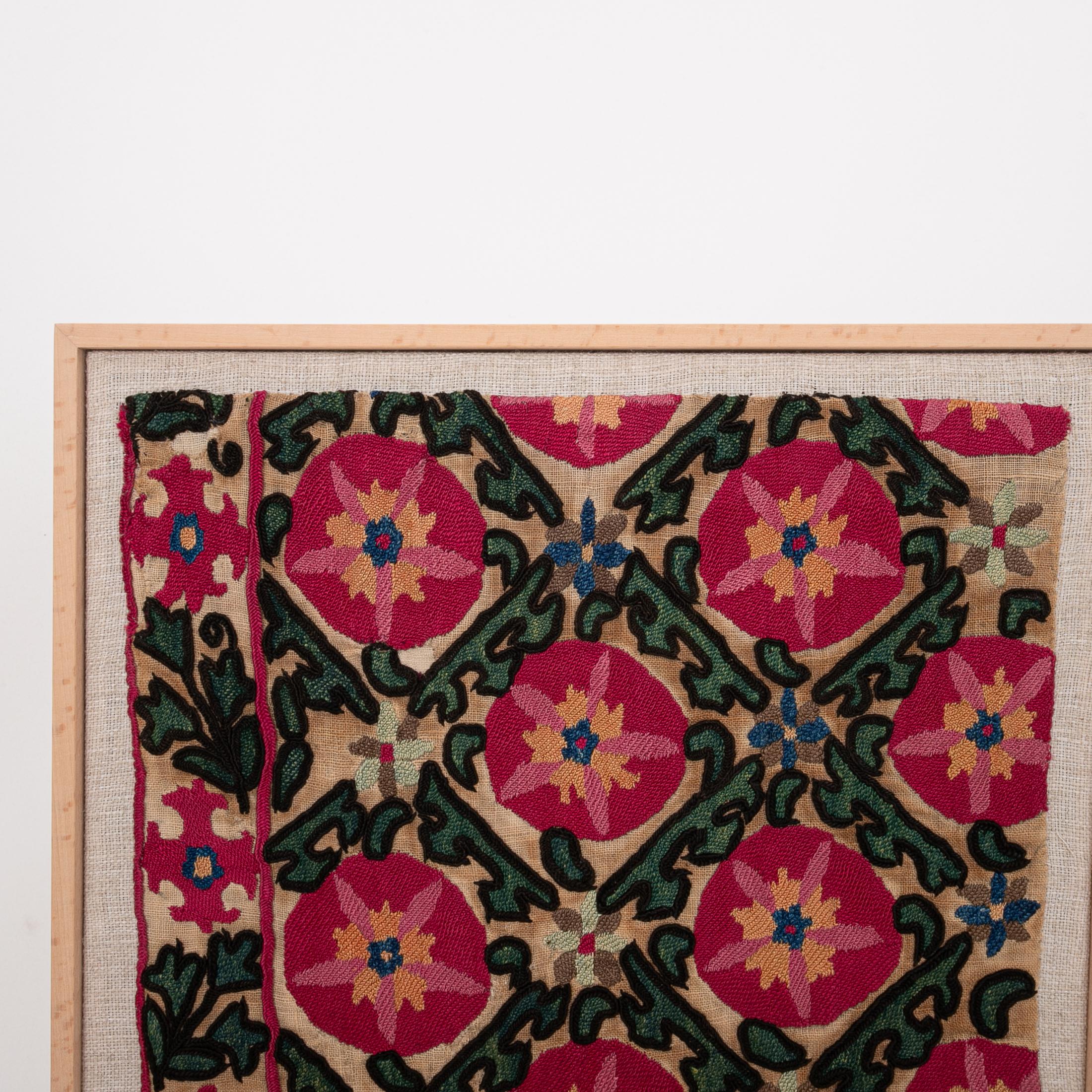Tajikistani Professionally Framed Antique Suzani Fragment, 19th Century.