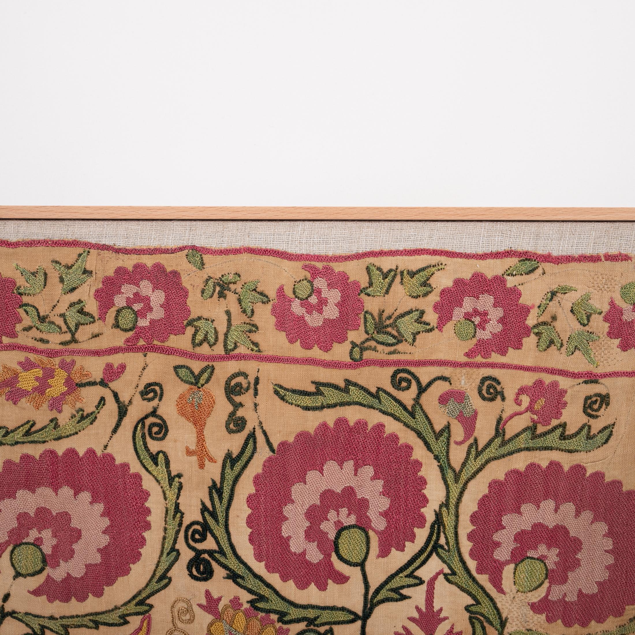 Tajikistani Professionally Framed Antique Suzani Fragment, 19th Century. For Sale