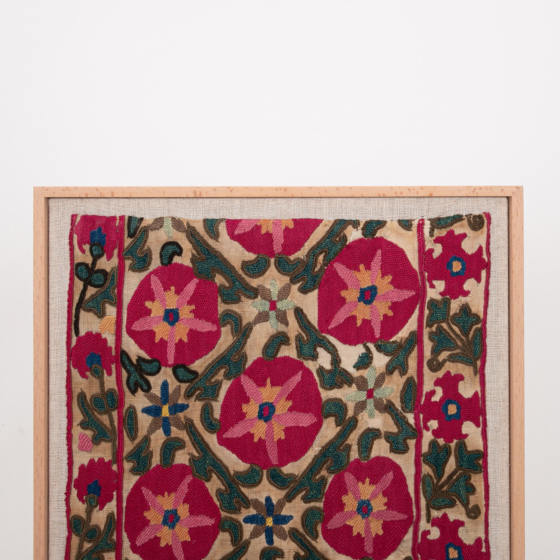 Tajikistani Professionally Framed Antique Suzani Fragment, 19th Century.