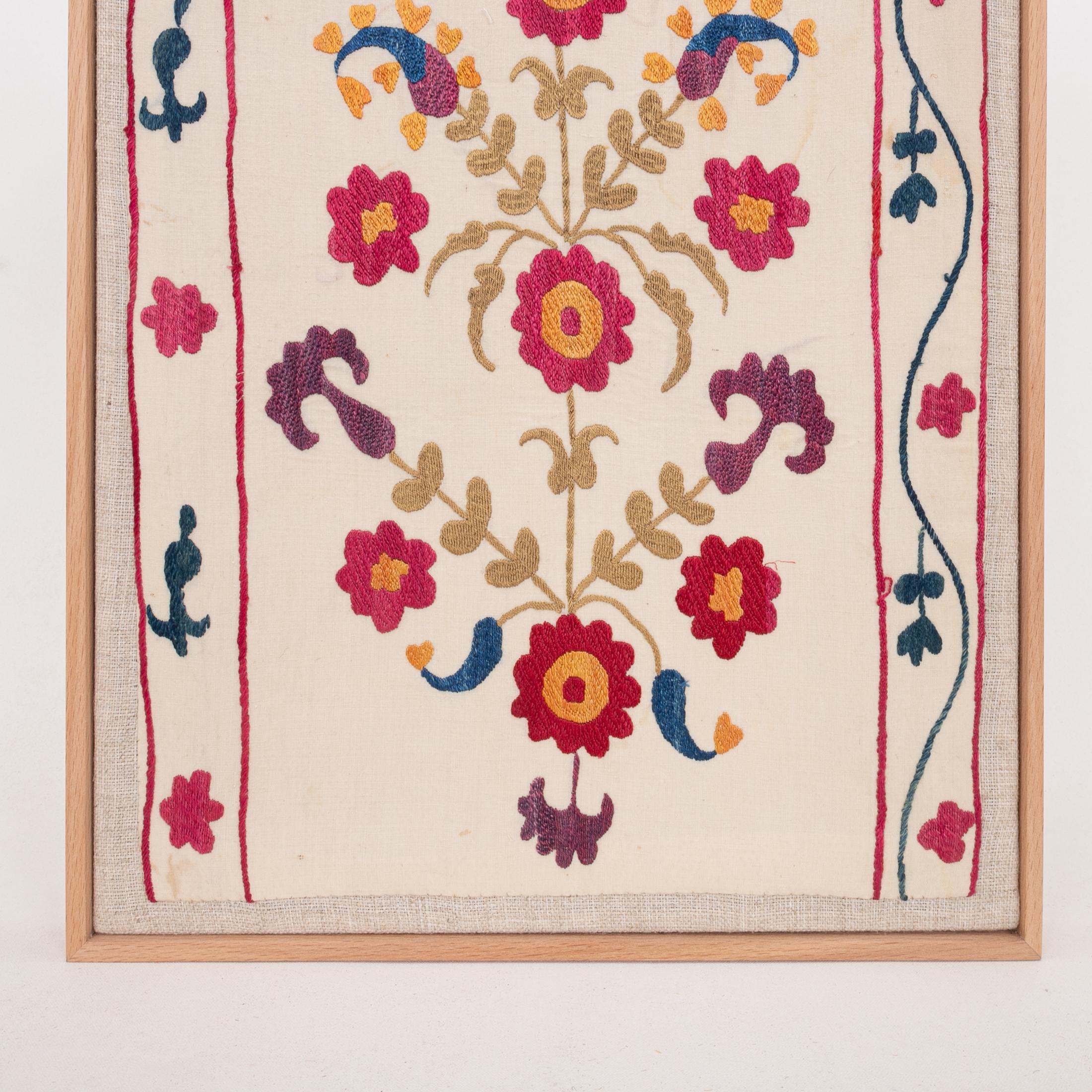 Embroidered Professionally Framed Antique Suzani Fragment, 19th Century. For Sale