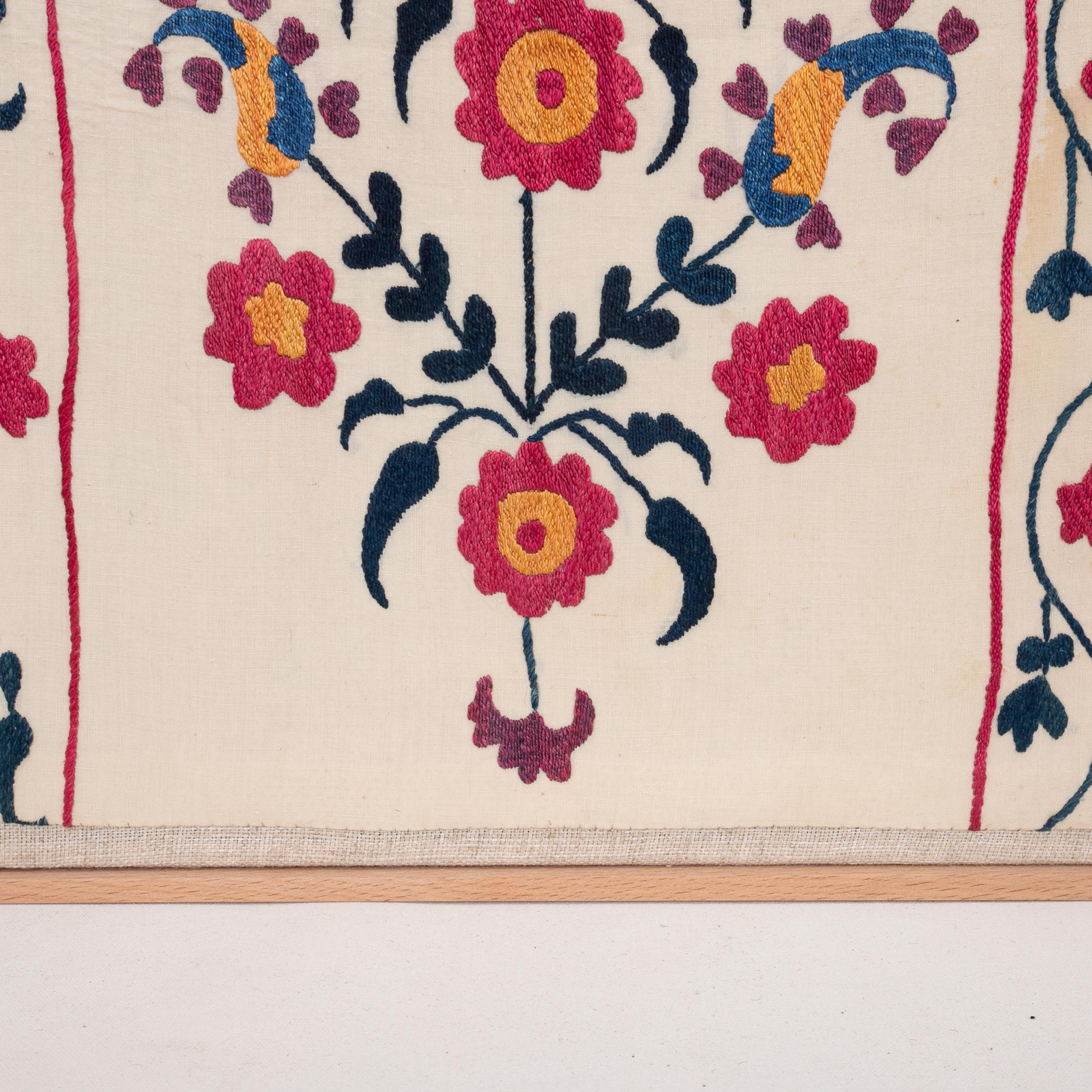 Embroidered Professionally Framed Antique Suzani Fragment, 19th Century. For Sale
