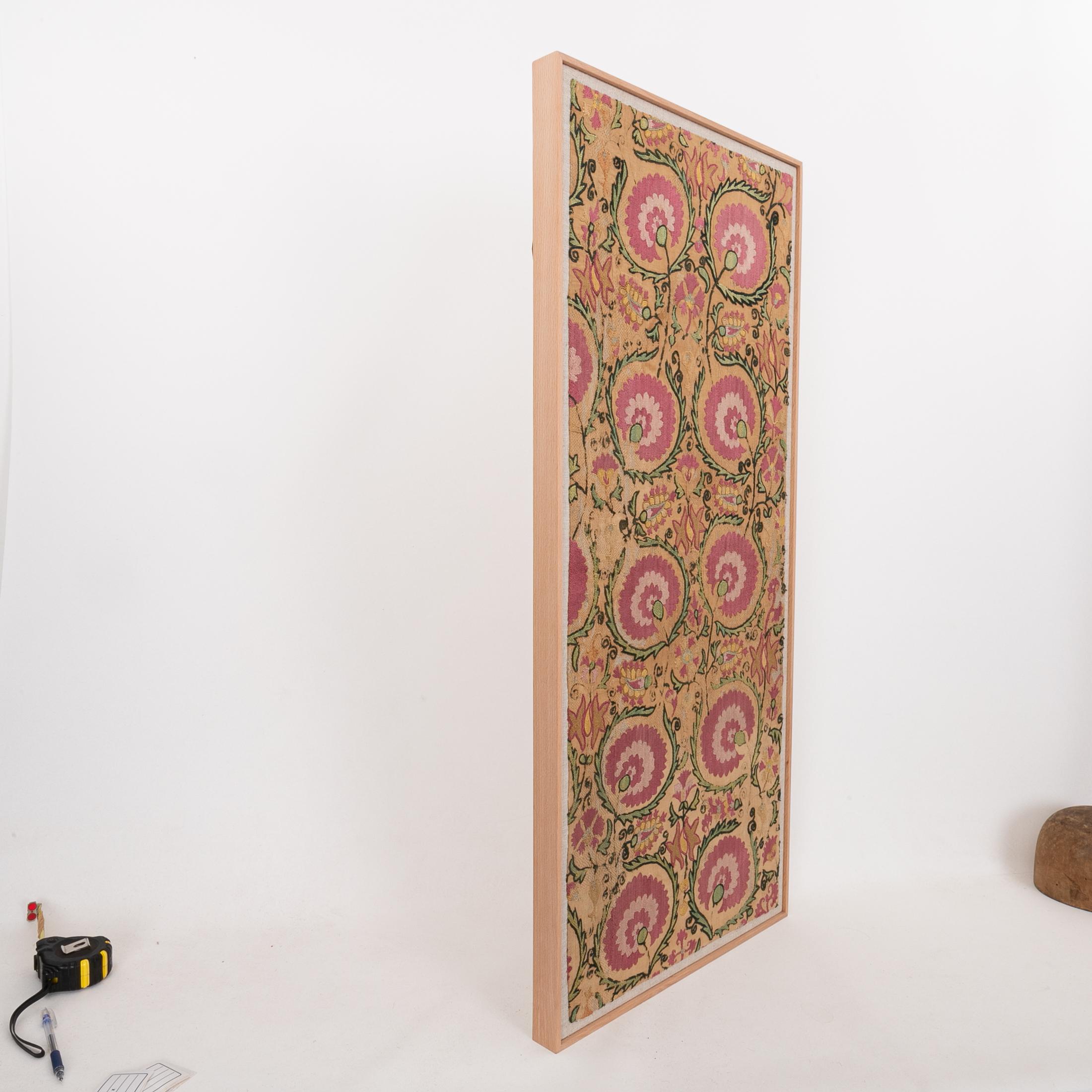 Silk Professionally Framed Antique Suzani Fragment, 19th Century. For Sale
