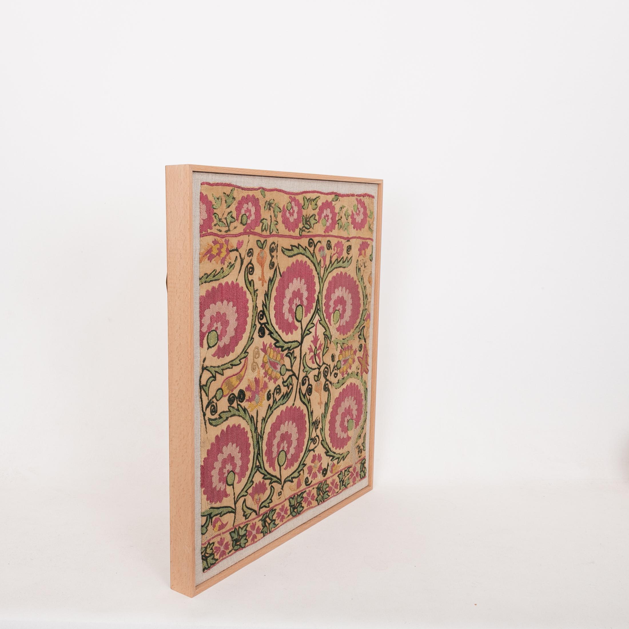 Silk Professionally Framed Antique Suzani Fragment, 19th Century. For Sale