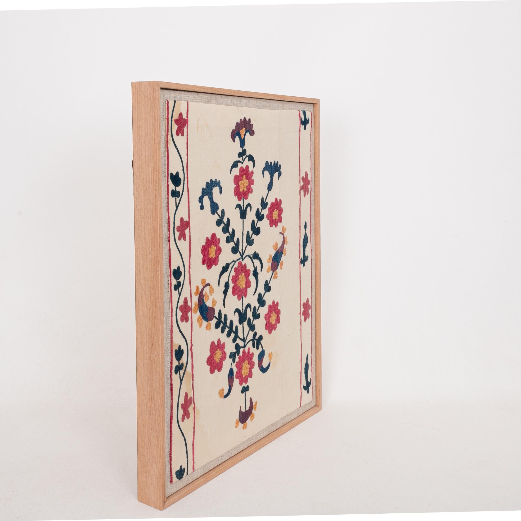 Silk Professionally Framed Antique Suzani Fragment, 19th Century. For Sale