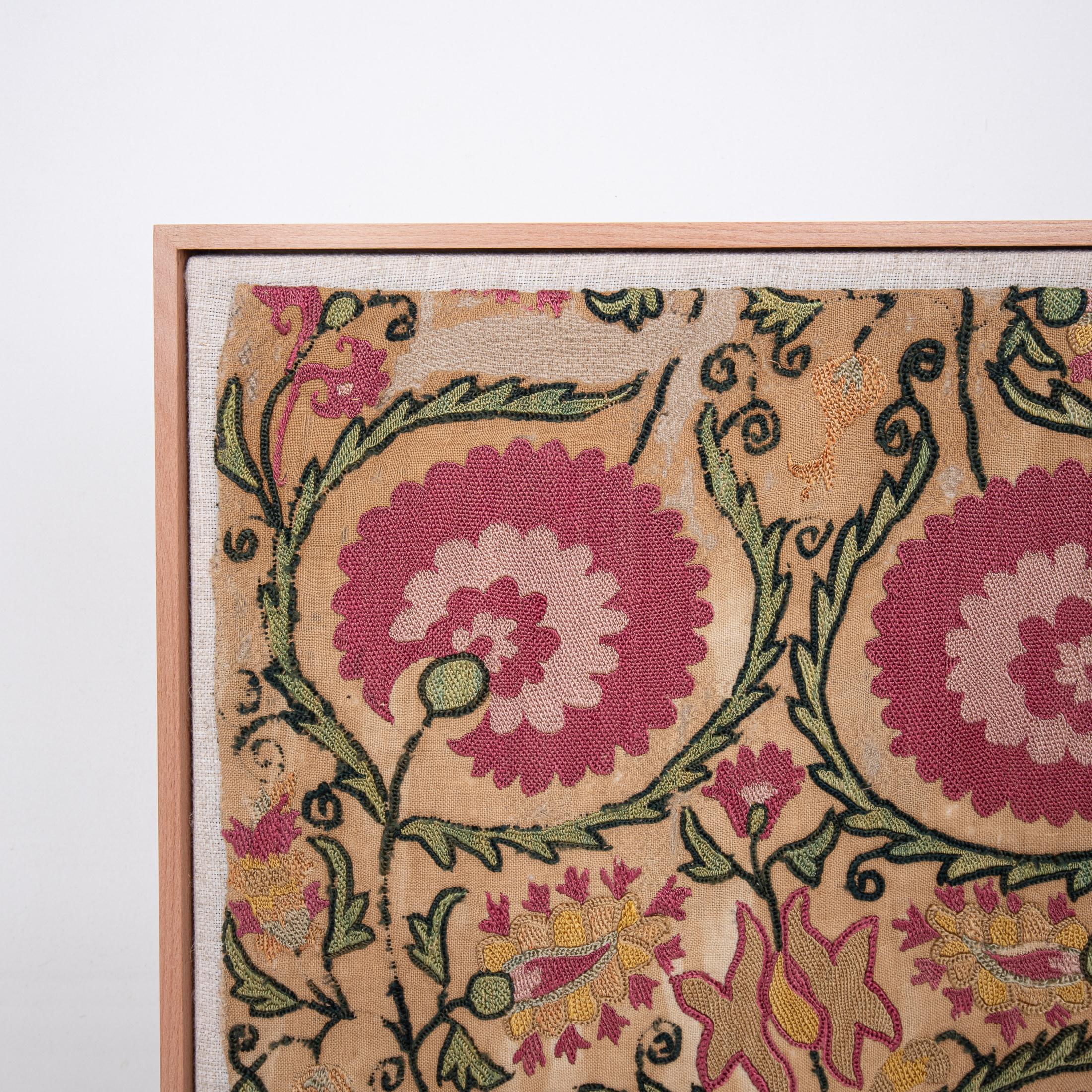 Tajikistani Professionally Framed Antique Suzani Fragment , Tajikstan, Central Asia