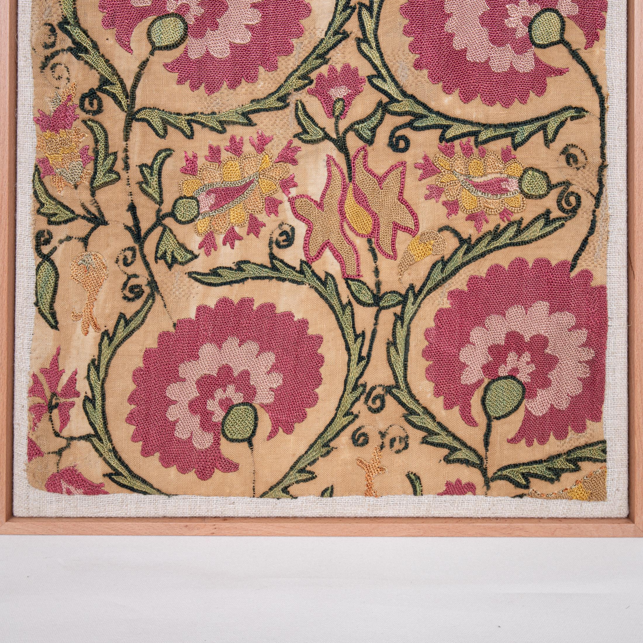 Embroidered Professionally Framed Antique Suzani Fragment , Tajikstan, Central Asia