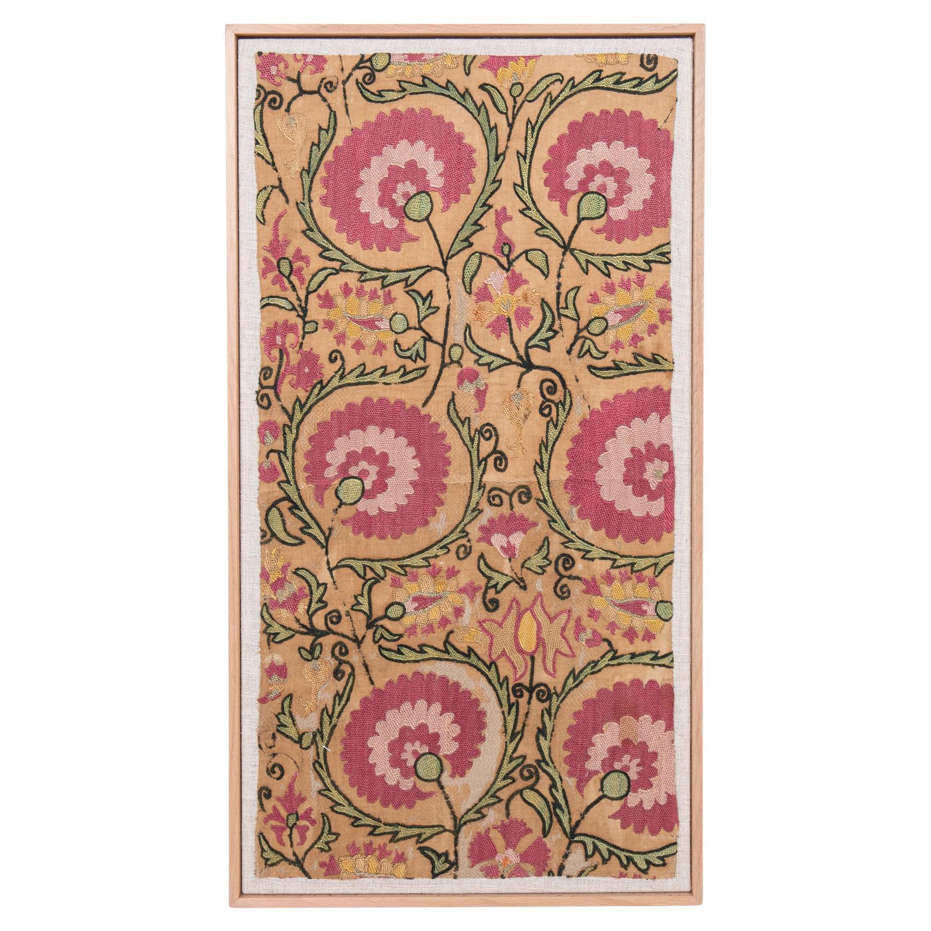 Professionally Framed Antique Suzani Fragment , Tajikstan, Central Asia