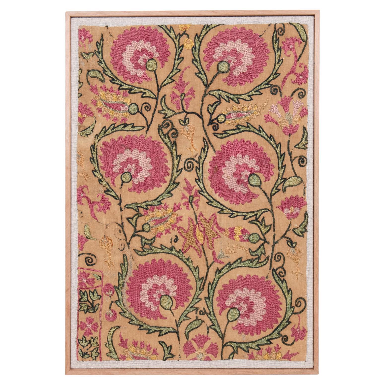 Professionally Framed Antique Suzani Fragment , Tajikstan, Central Asia