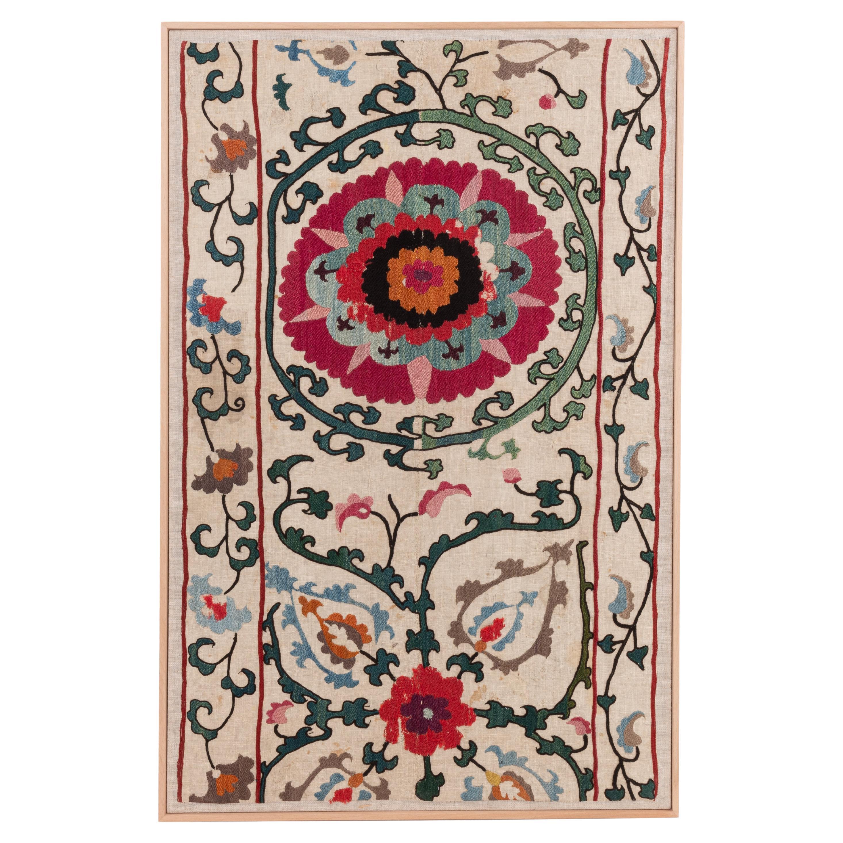 Professionally Framed Antique Suzani from Samarkand Uzbekistan For Sale