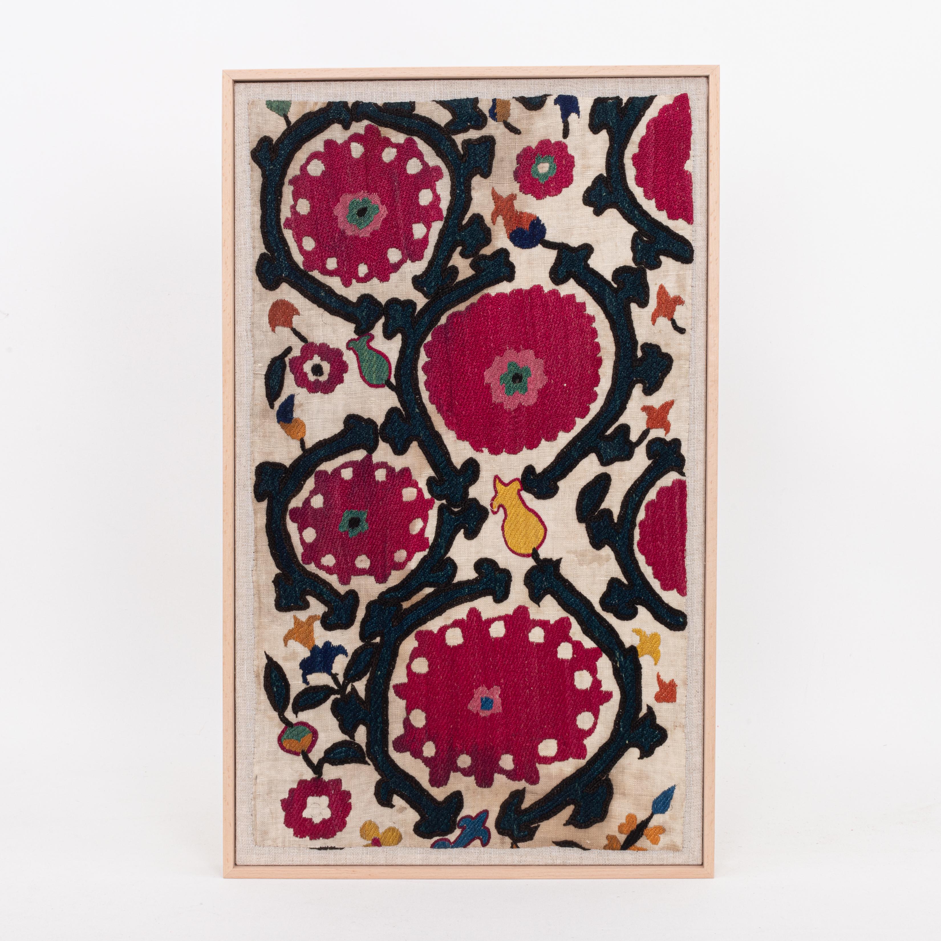 Tajikistani Professionally Framed Antique Tajik Suzani Fragment, Early 20th Century.