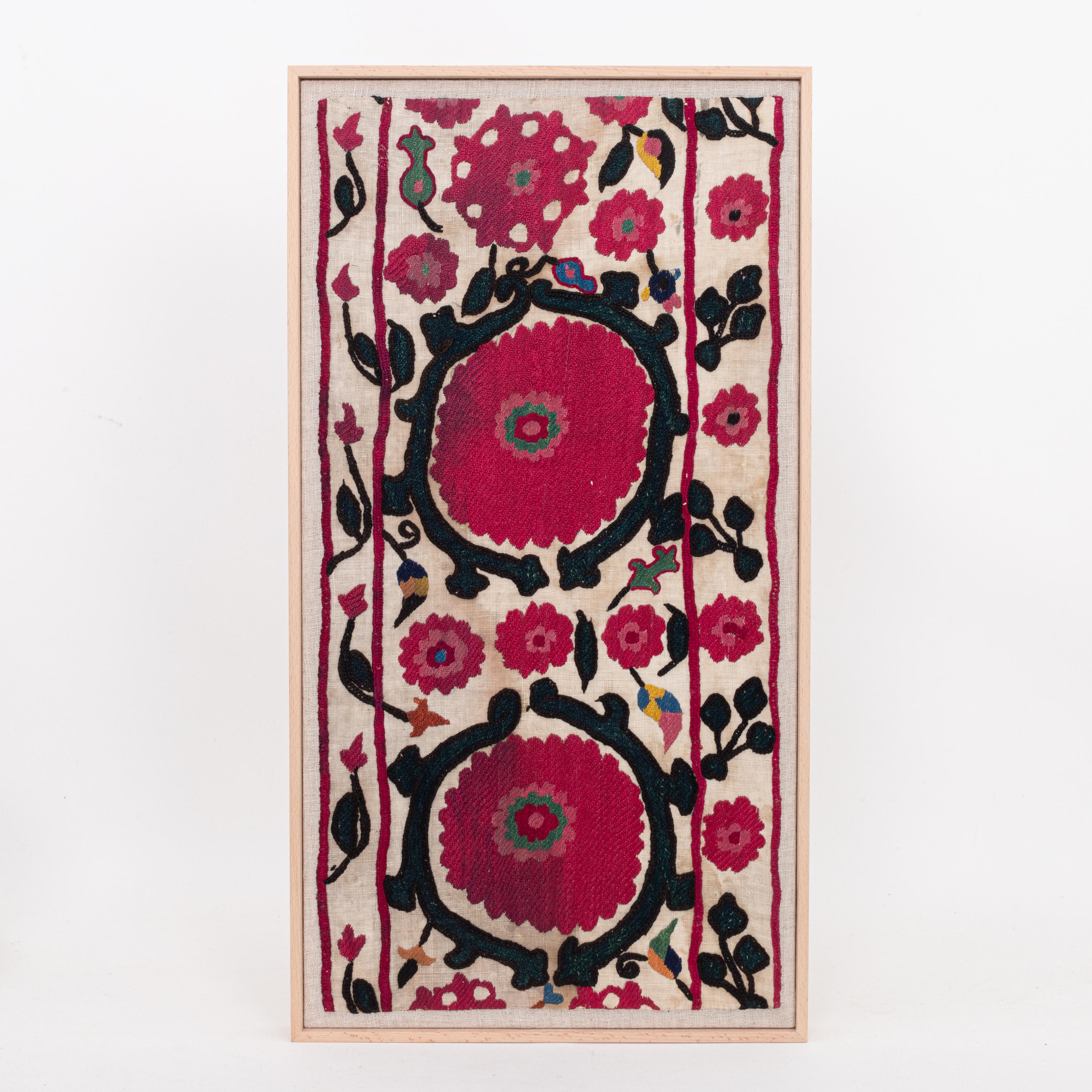 Tajikistani Professionally Framed Antique Tajik Suzani Fragment, Early 20th Century. For Sale