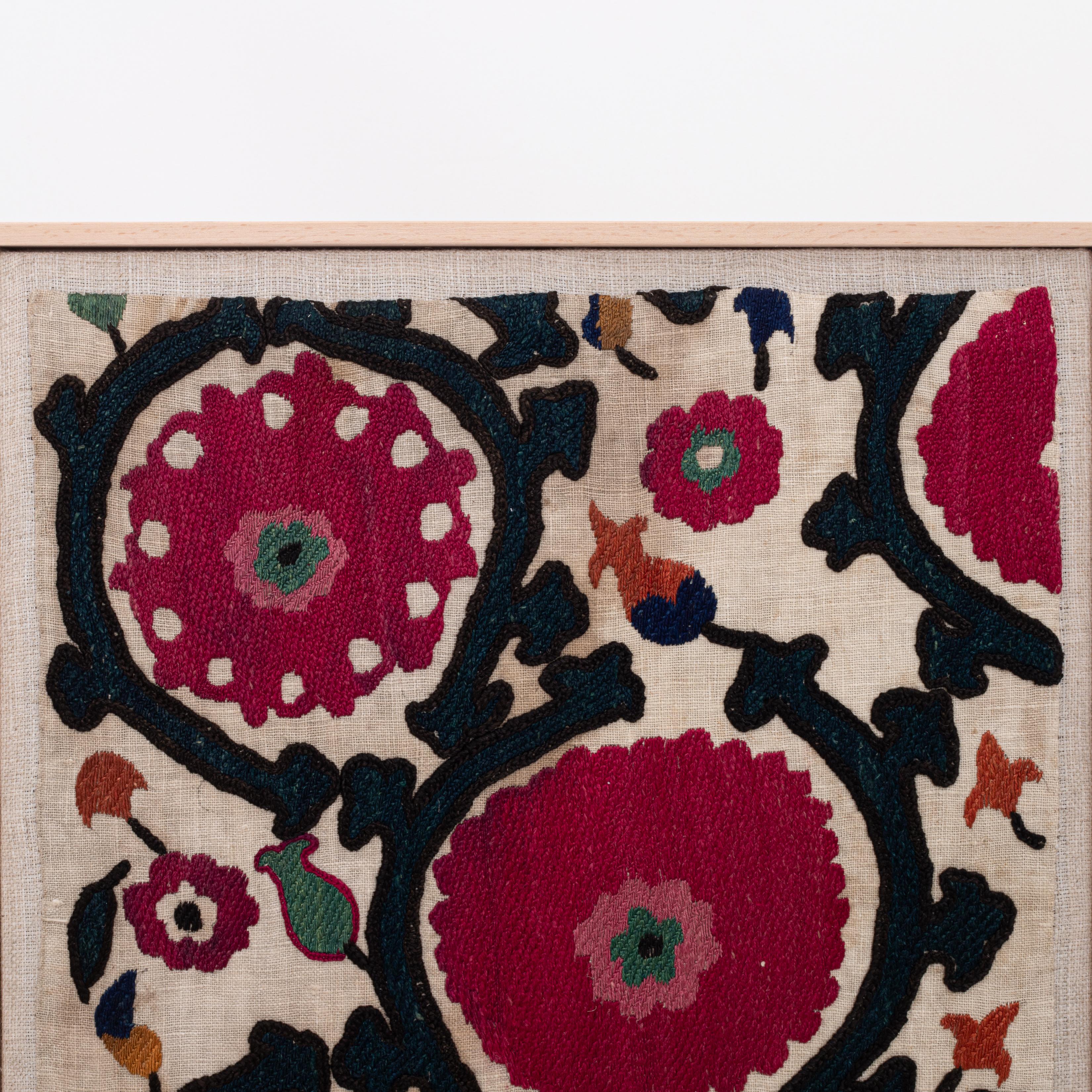 Embroidered Professionally Framed Antique Tajik Suzani Fragment, Early 20th Century.
