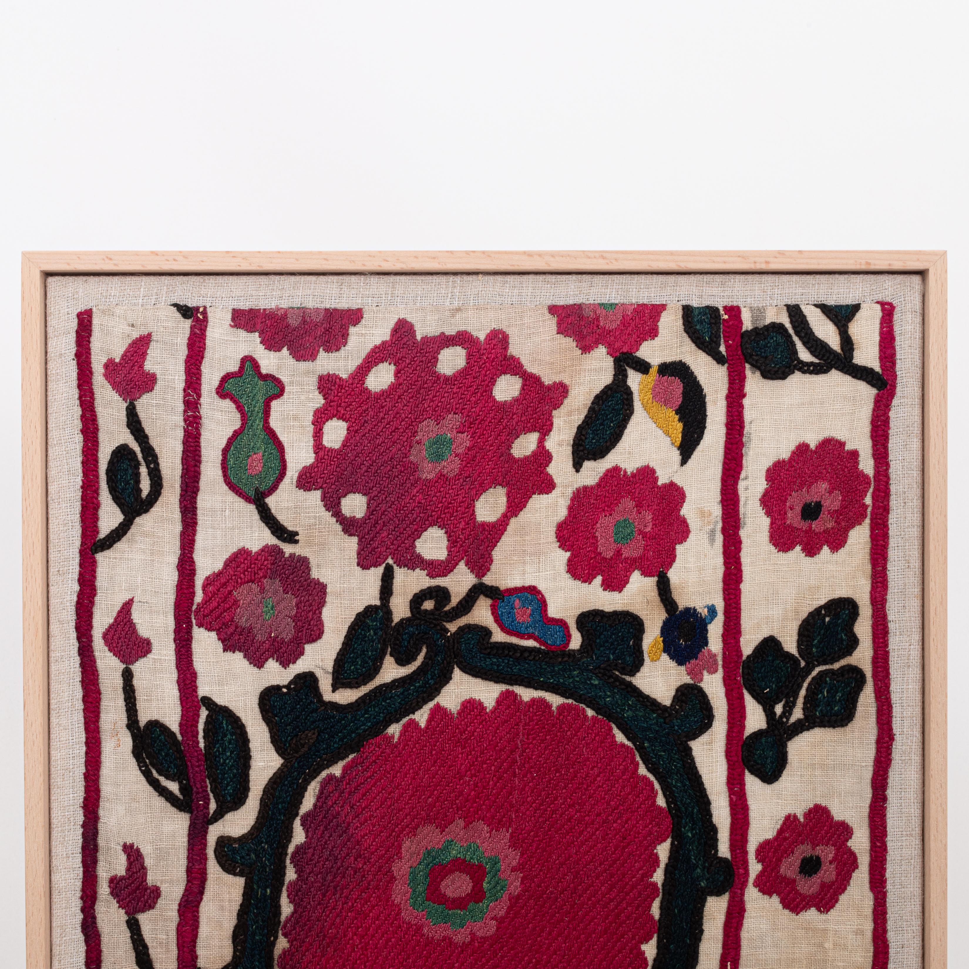 Embroidered Professionally Framed Antique Tajik Suzani Fragment, Early 20th Century. For Sale