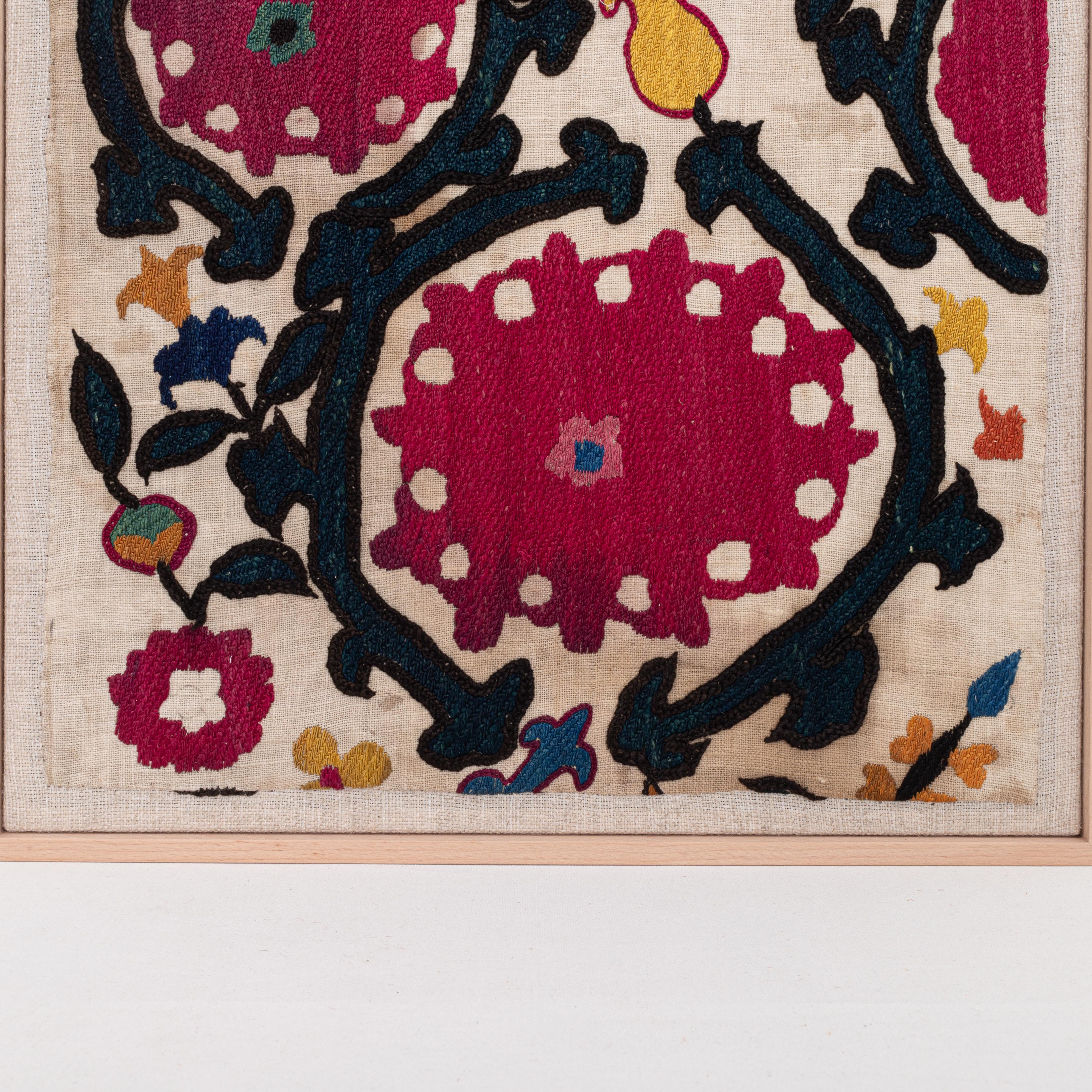 Silk Professionally Framed Antique Tajik Suzani Fragment, Early 20th Century.