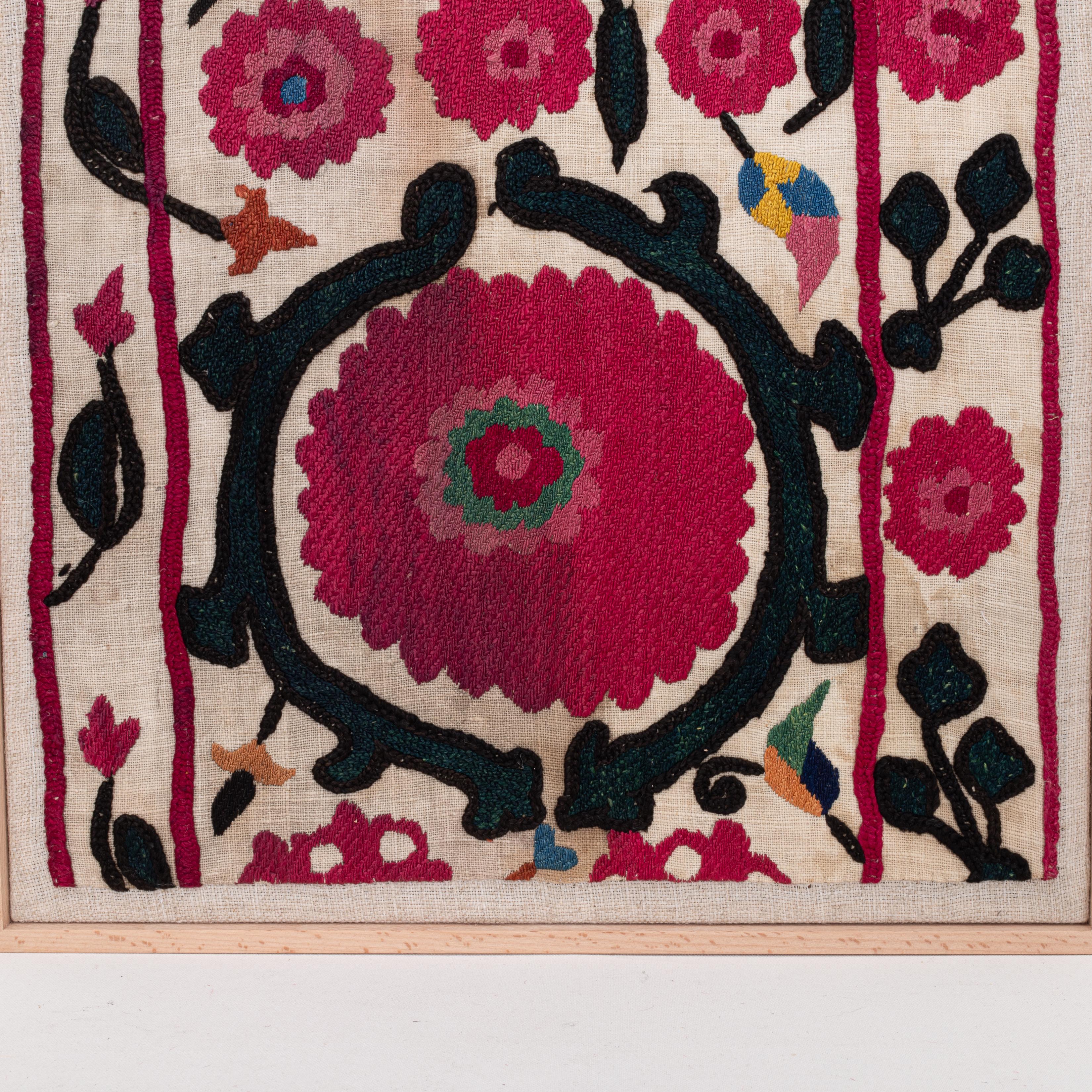 Silk Professionally Framed Antique Tajik Suzani Fragment, Early 20th Century. For Sale