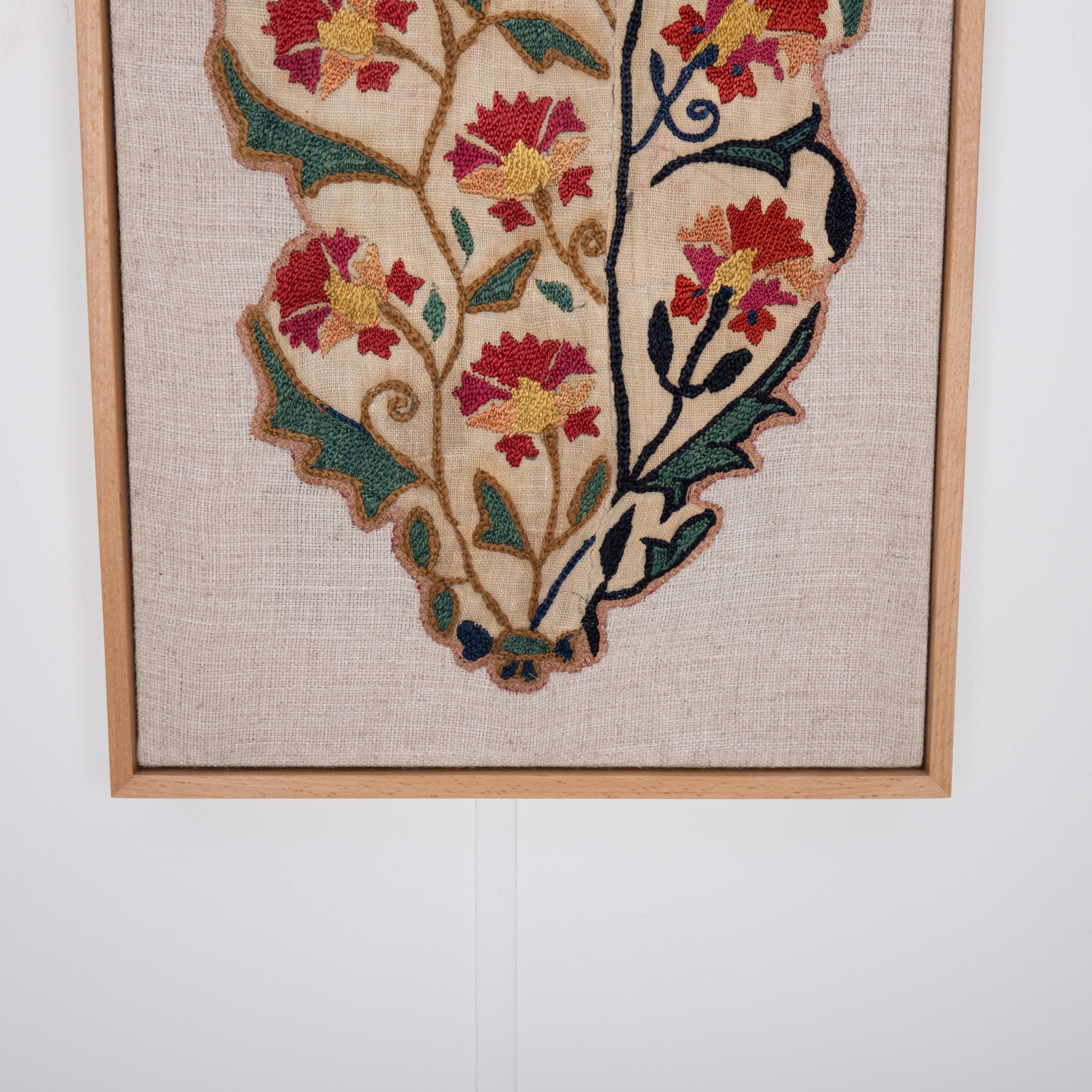 Embroidered Professionally Framed Antique Uzbek Suzani Fragment, 19th Century. For Sale