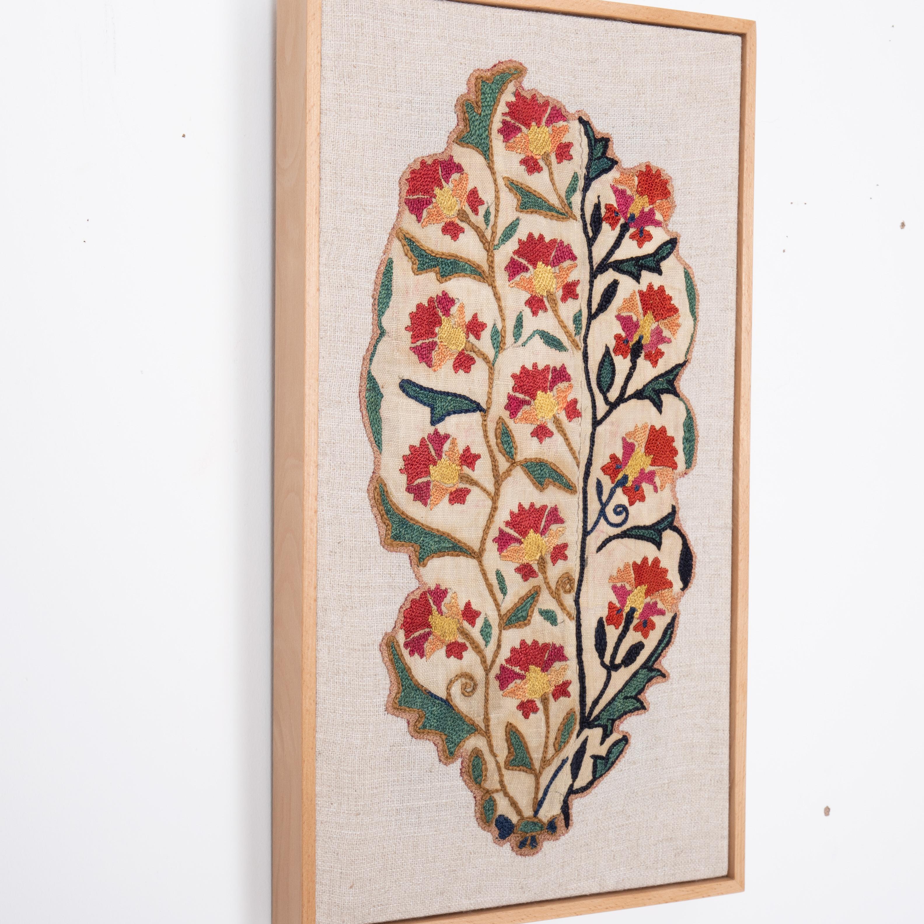 Silk Professionally Framed Antique Uzbek Suzani Fragment, 19th Century. For Sale