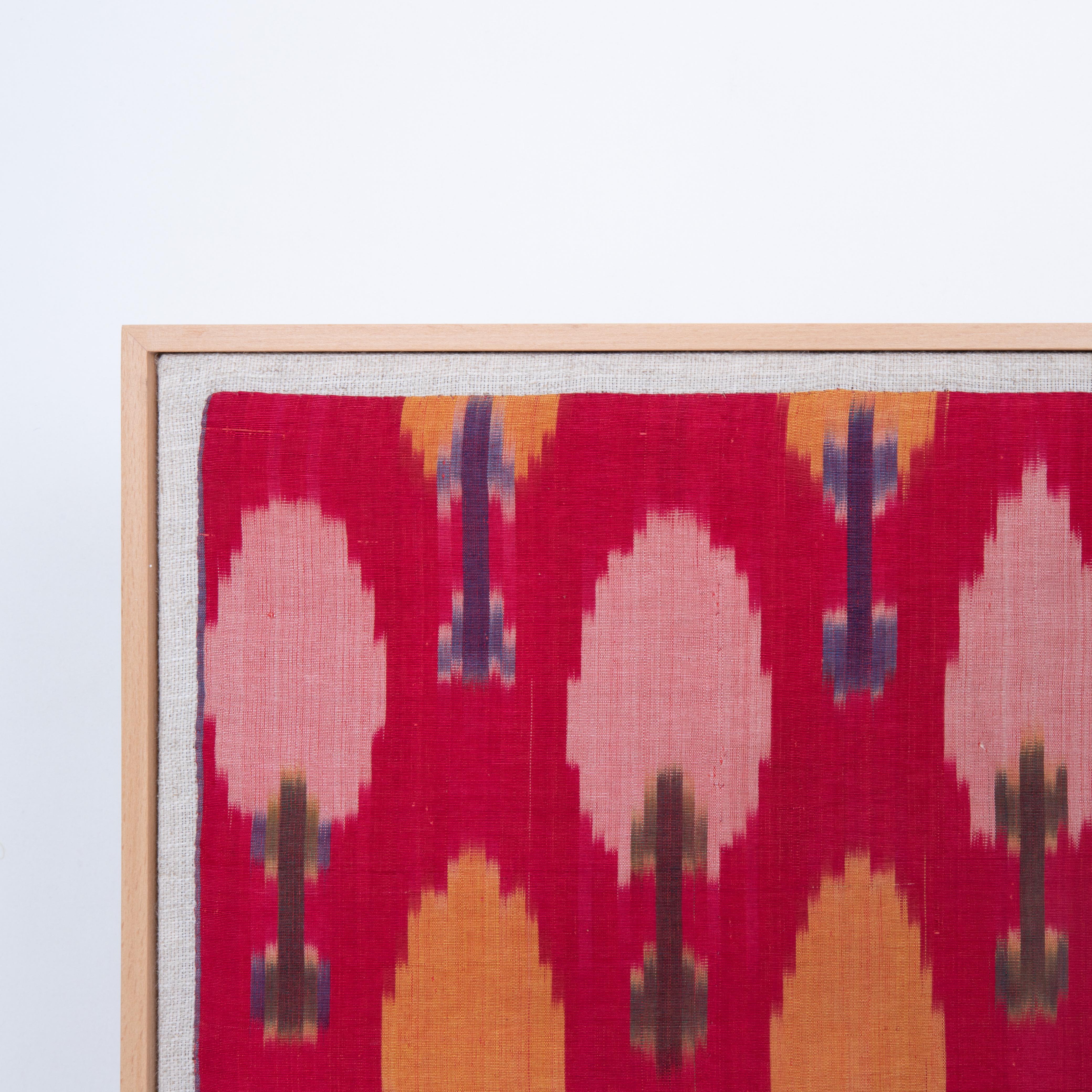 Folk Art Professionally Framed Silk and Cotton Ikat Fragment, Uzbekistan, E 20th C. For Sale