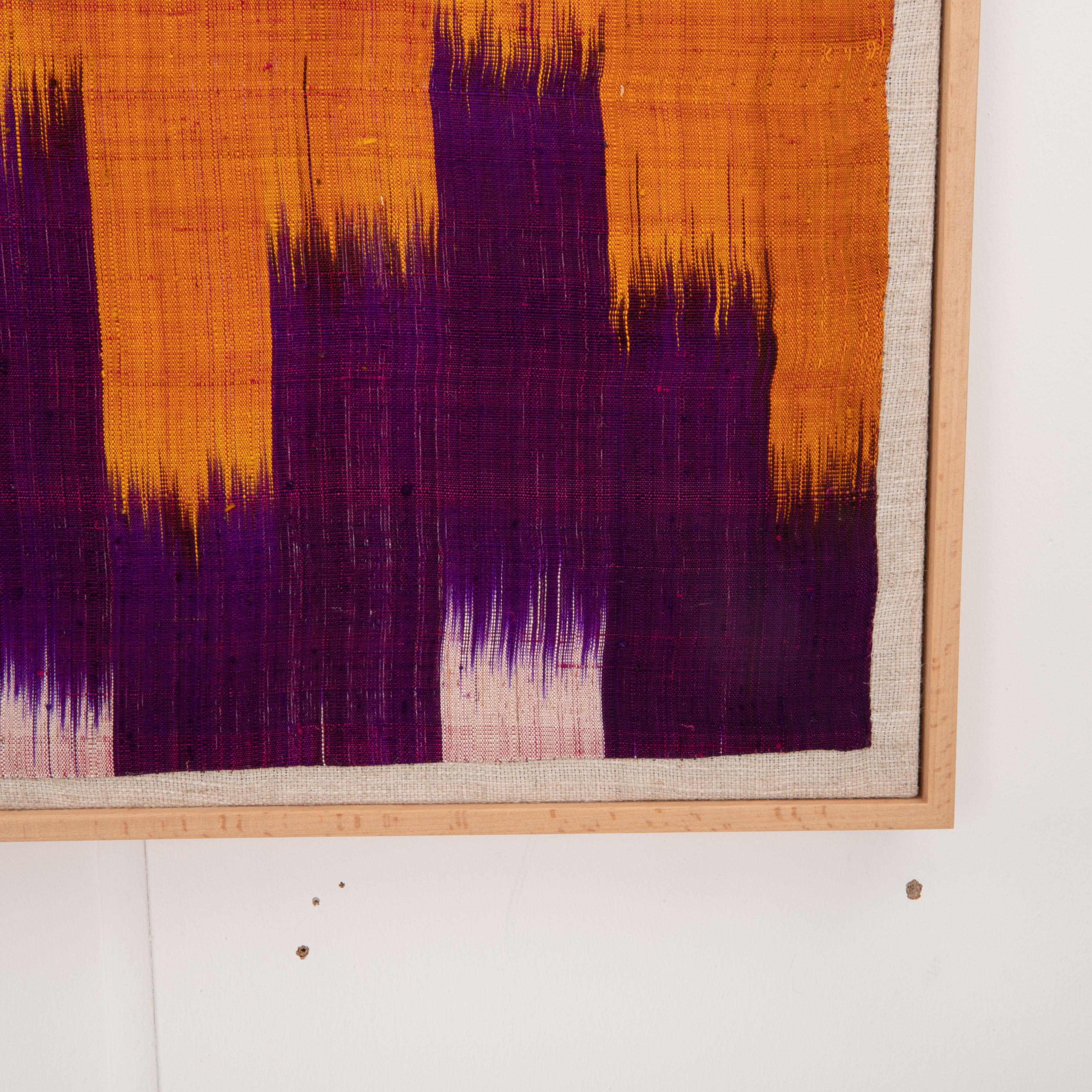 Uzbeko Frammento di ikat in seta e cotone incorniciato professionalmente, Uzbekistan, 20° secolo. in vendita