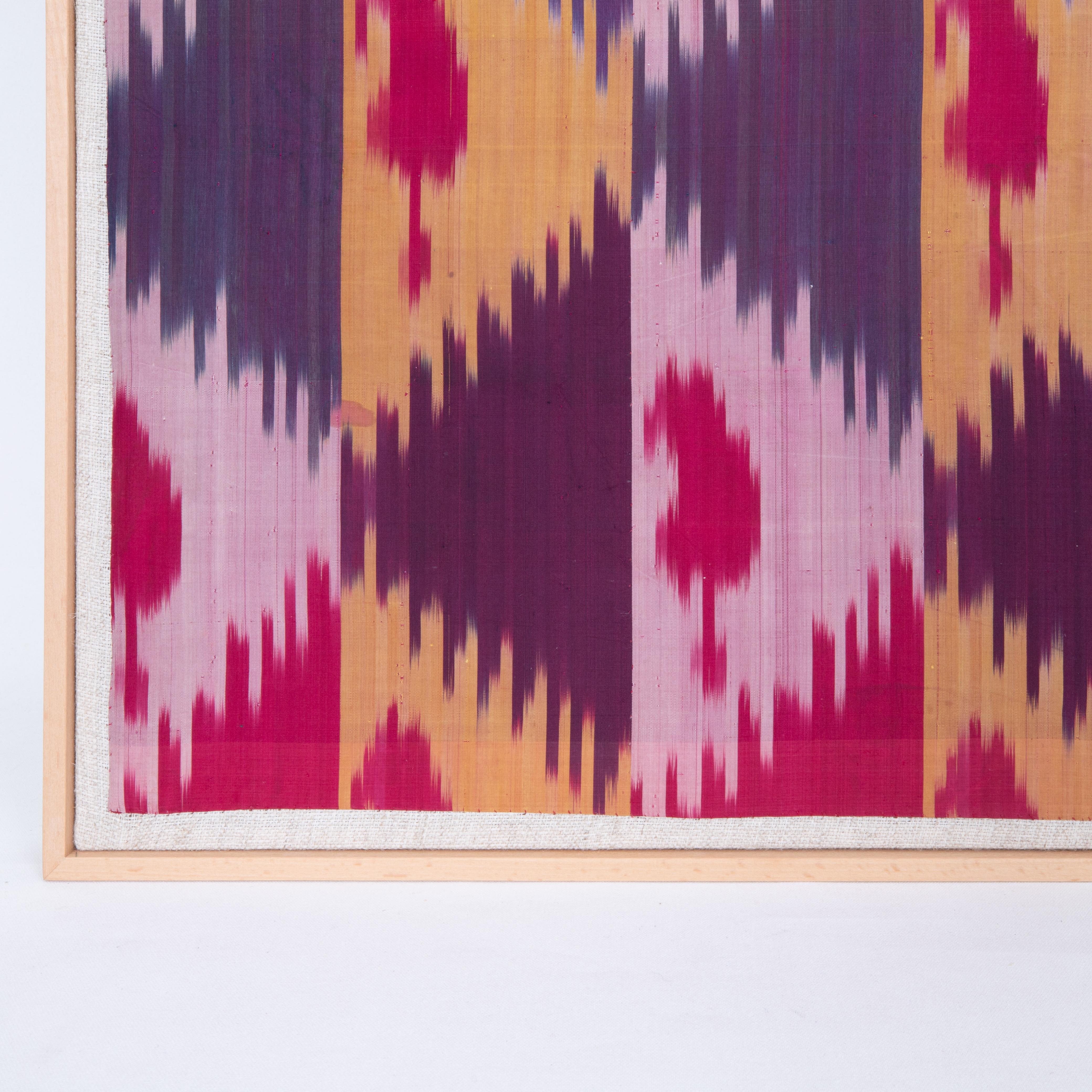 Professionally Framed Silk Ikat Fragment, Uzbekistan, Early 20th Century. For Sale 1