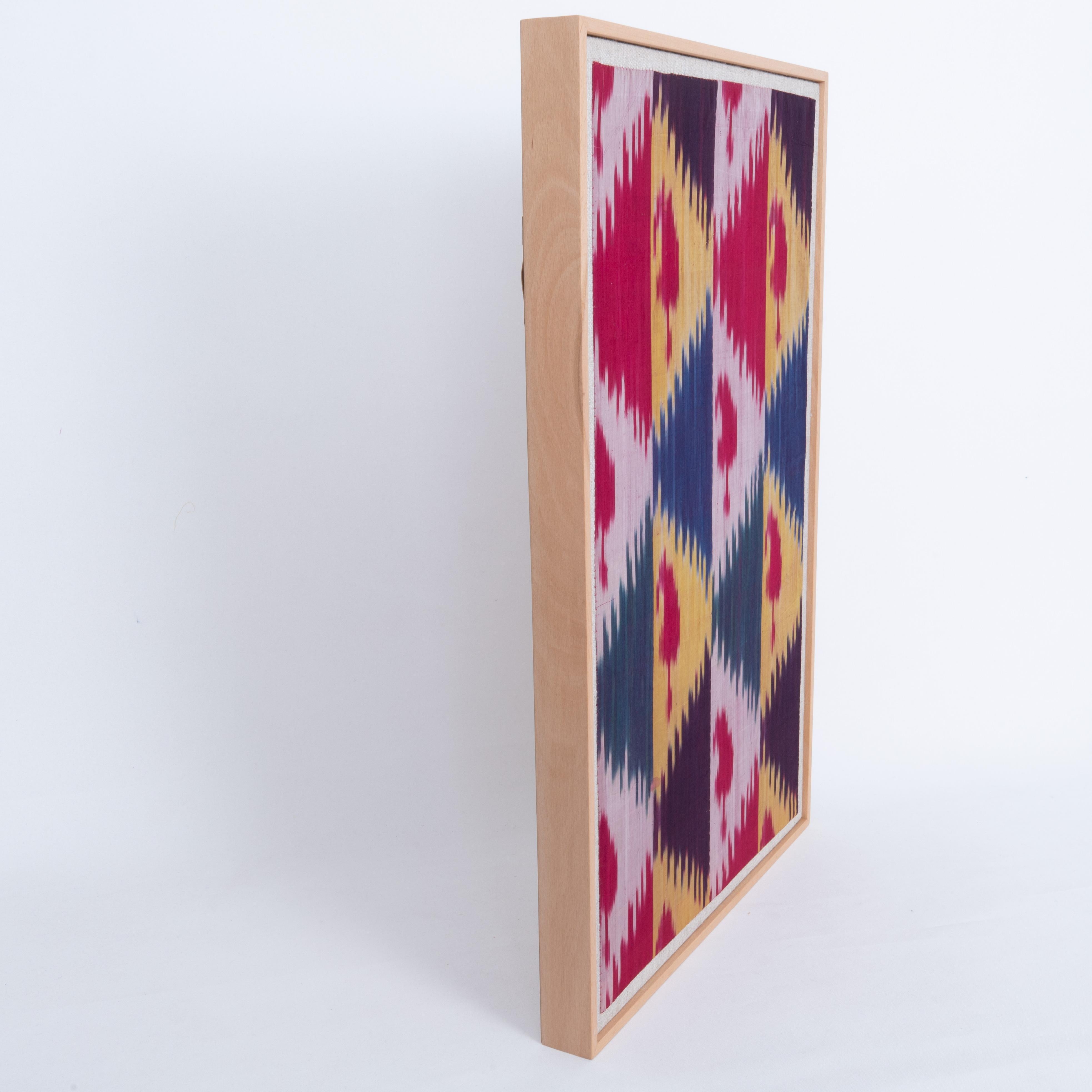 Professionally Framed Silk Ikat Fragment, Uzbekistan, Early 20th Century. For Sale 2
