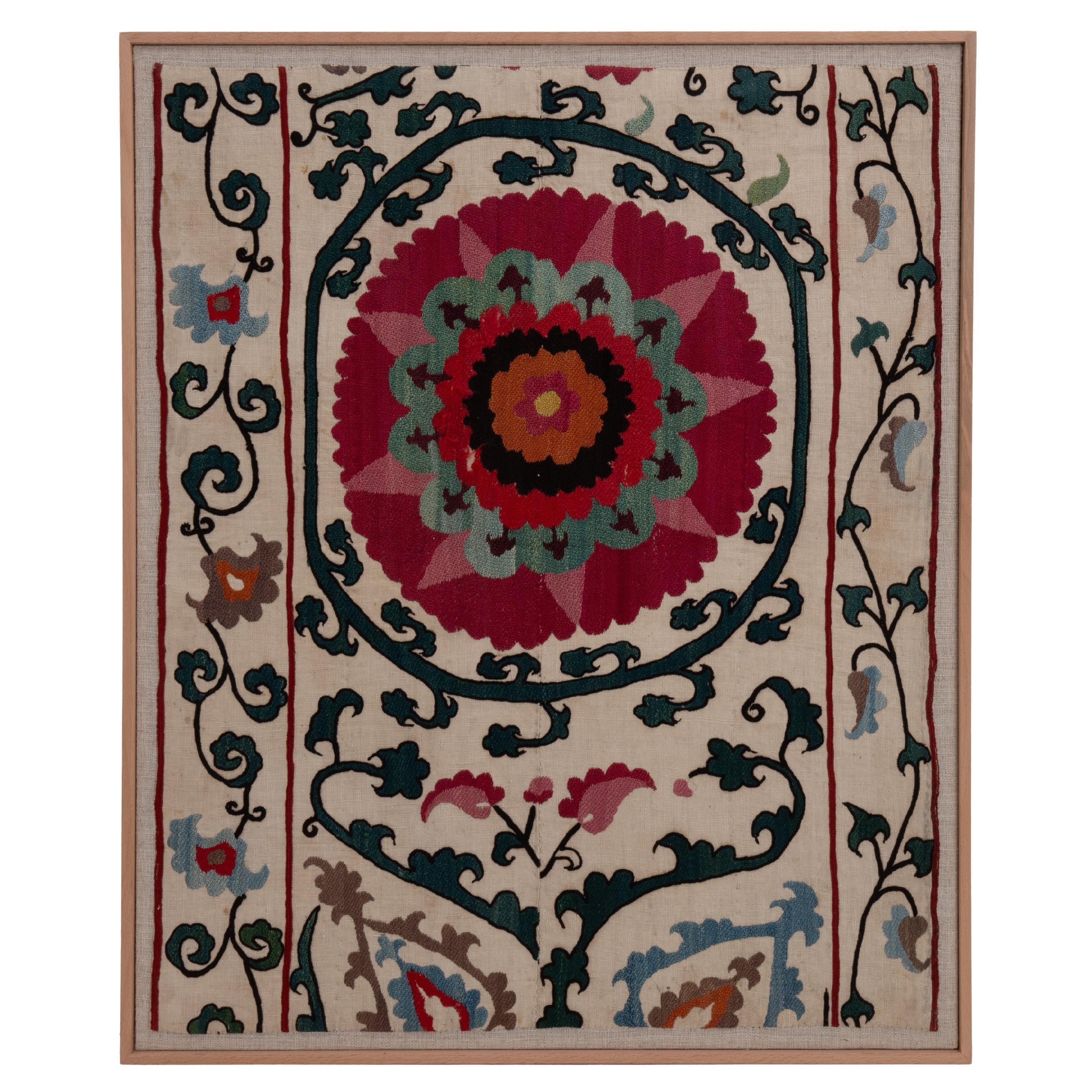 Professionally Framed Uzbek Suzani Fragment, Uzbekistan, 19th C.