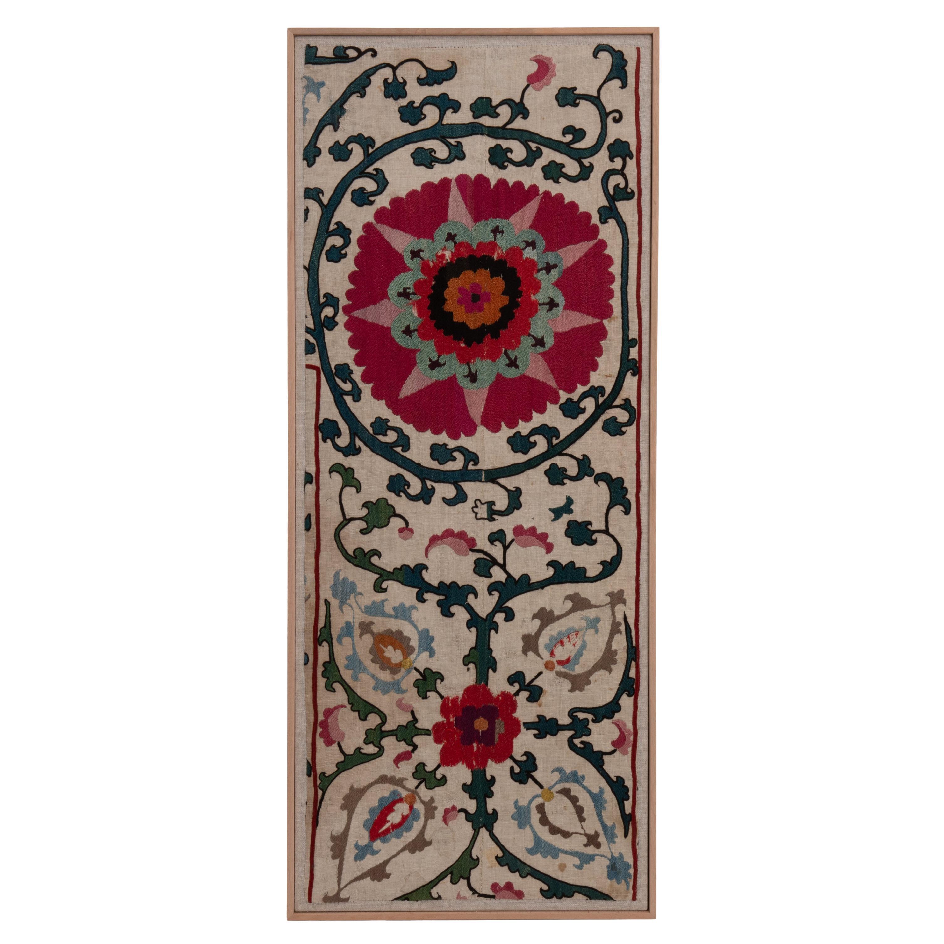 Professionally Framed Uzbek Suzani Fragment, Uzbekistan, 19th C.