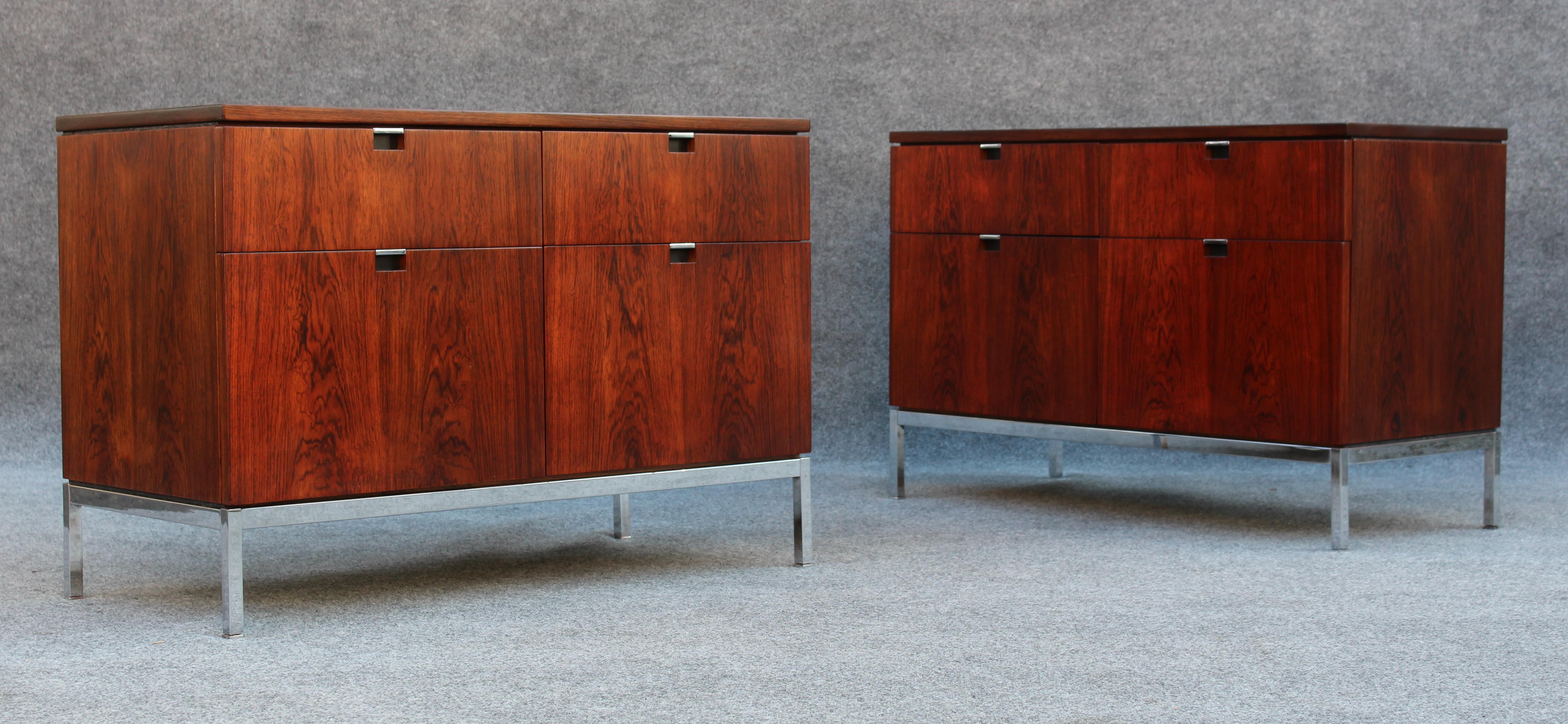This set of cabinets is quite rare. These are not simply two of the same cabinet, they are a custom matched set. These were not readily availible from Knoll when they were made in the 1970s. Each wood panel from the front to the back is bookmatched