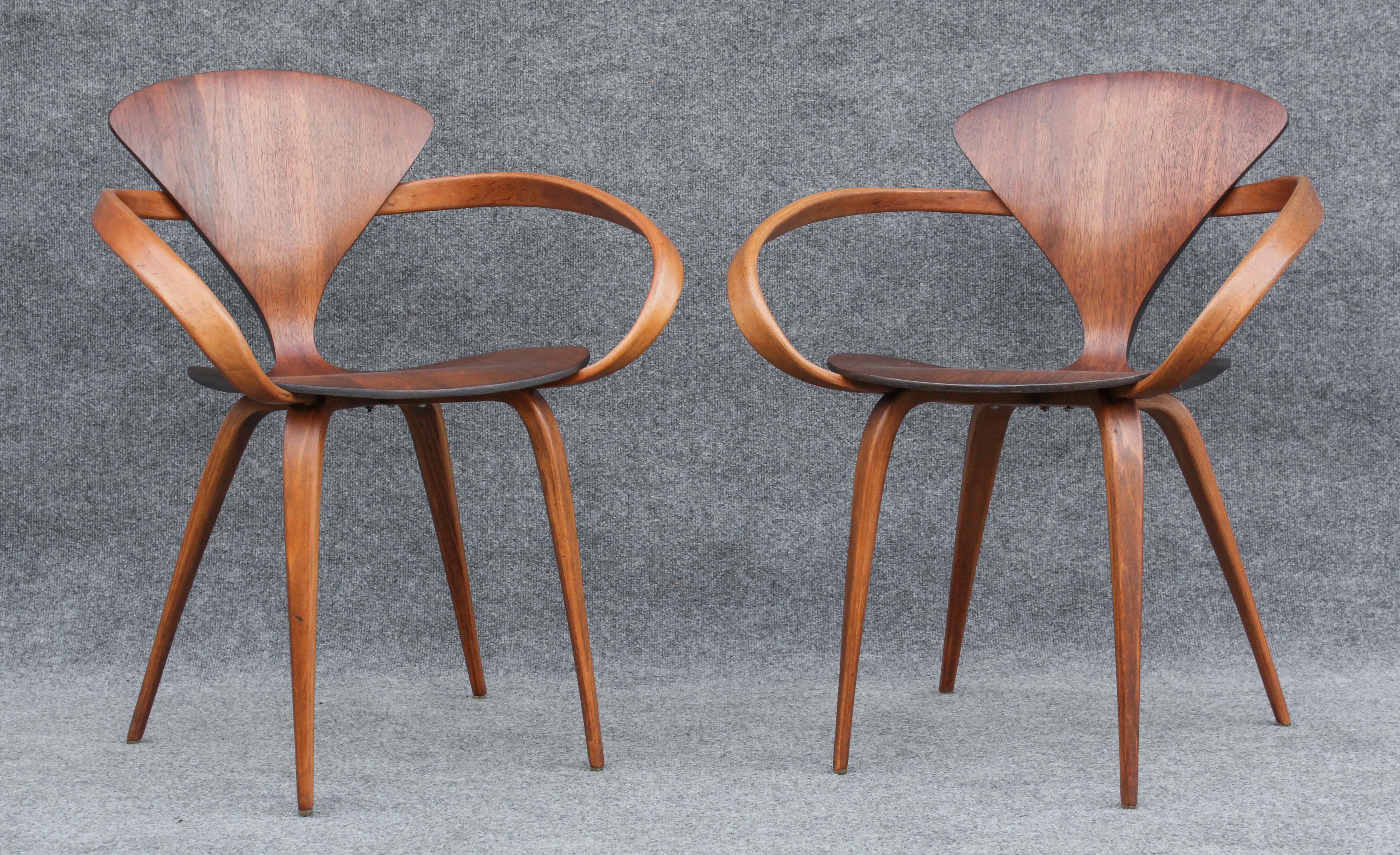 American Professionally Restored Norman Cherner Plycraft Vintage Pretzel Walnut Armchairs