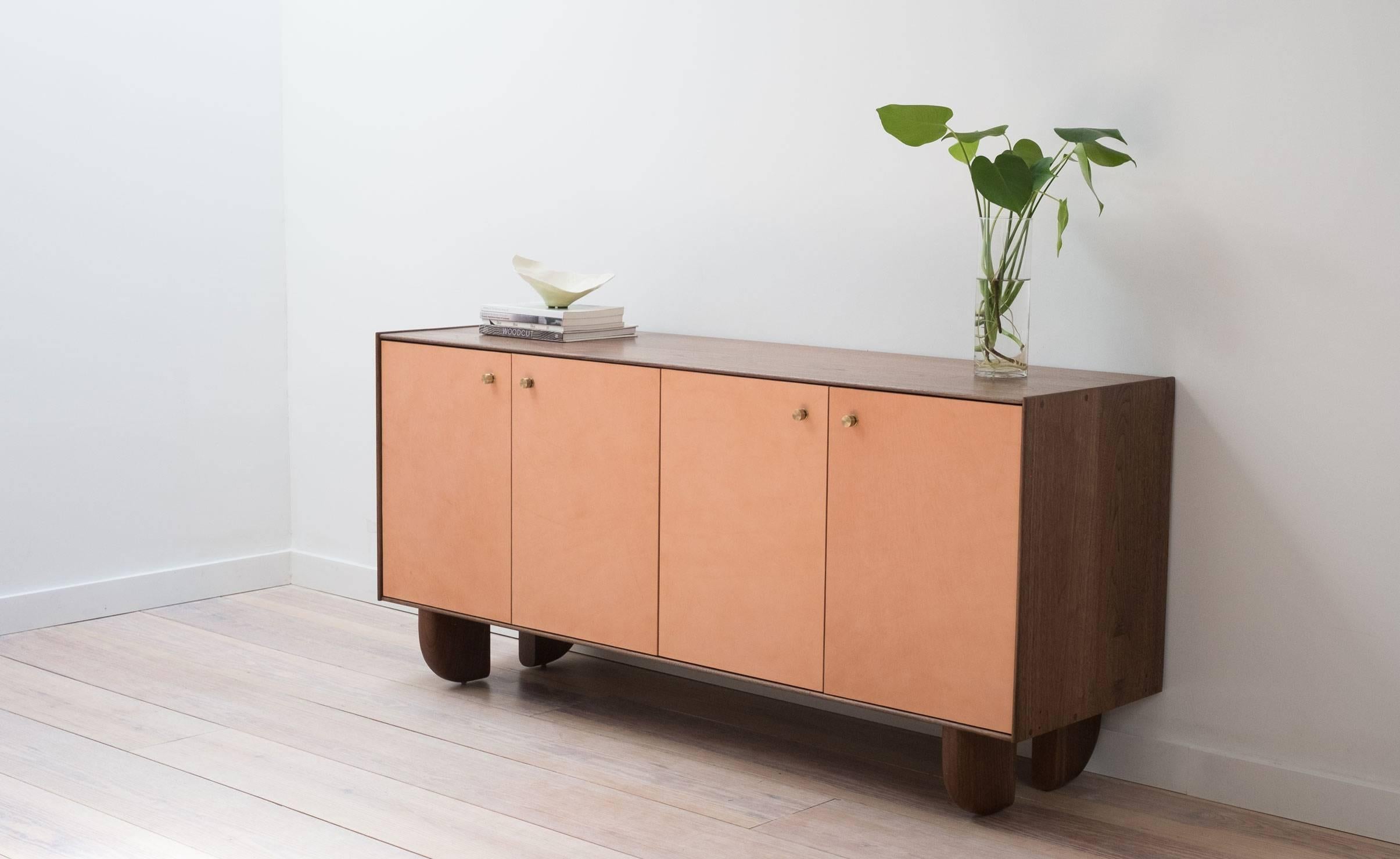 American Profile Credenza in Black Walnut and Natural Leather For Sale