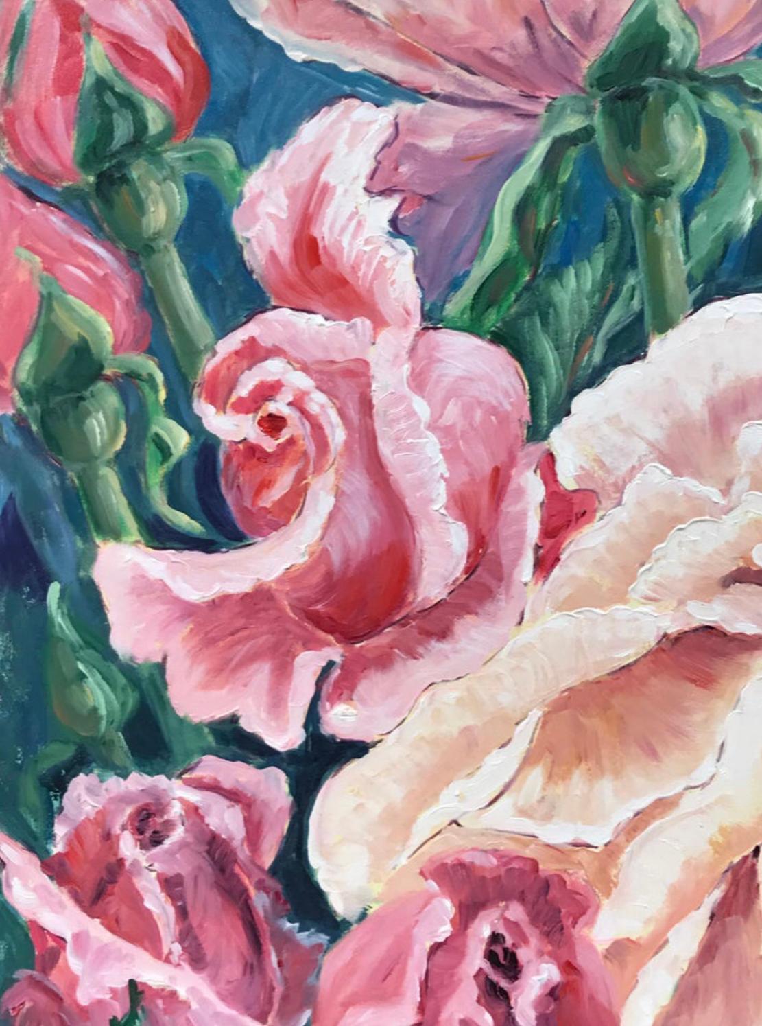 Profusion of Pink & Cream Roses, Bright & Colorful French Impressionist Oil In Excellent Condition For Sale In Cirencester, GB