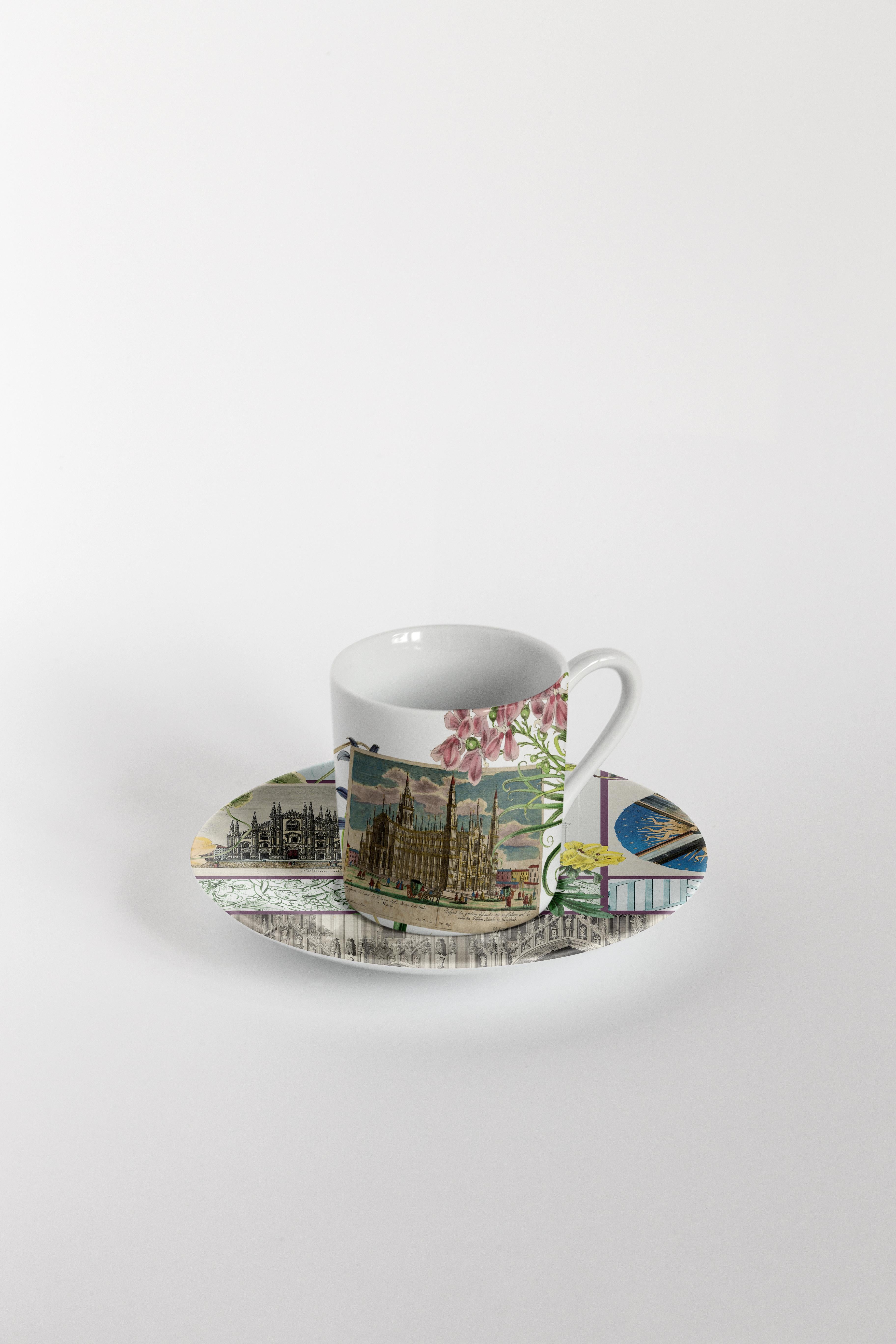 italien Six tasses à café décorées contemporaines avec assiettes La Storia Infinita en vente