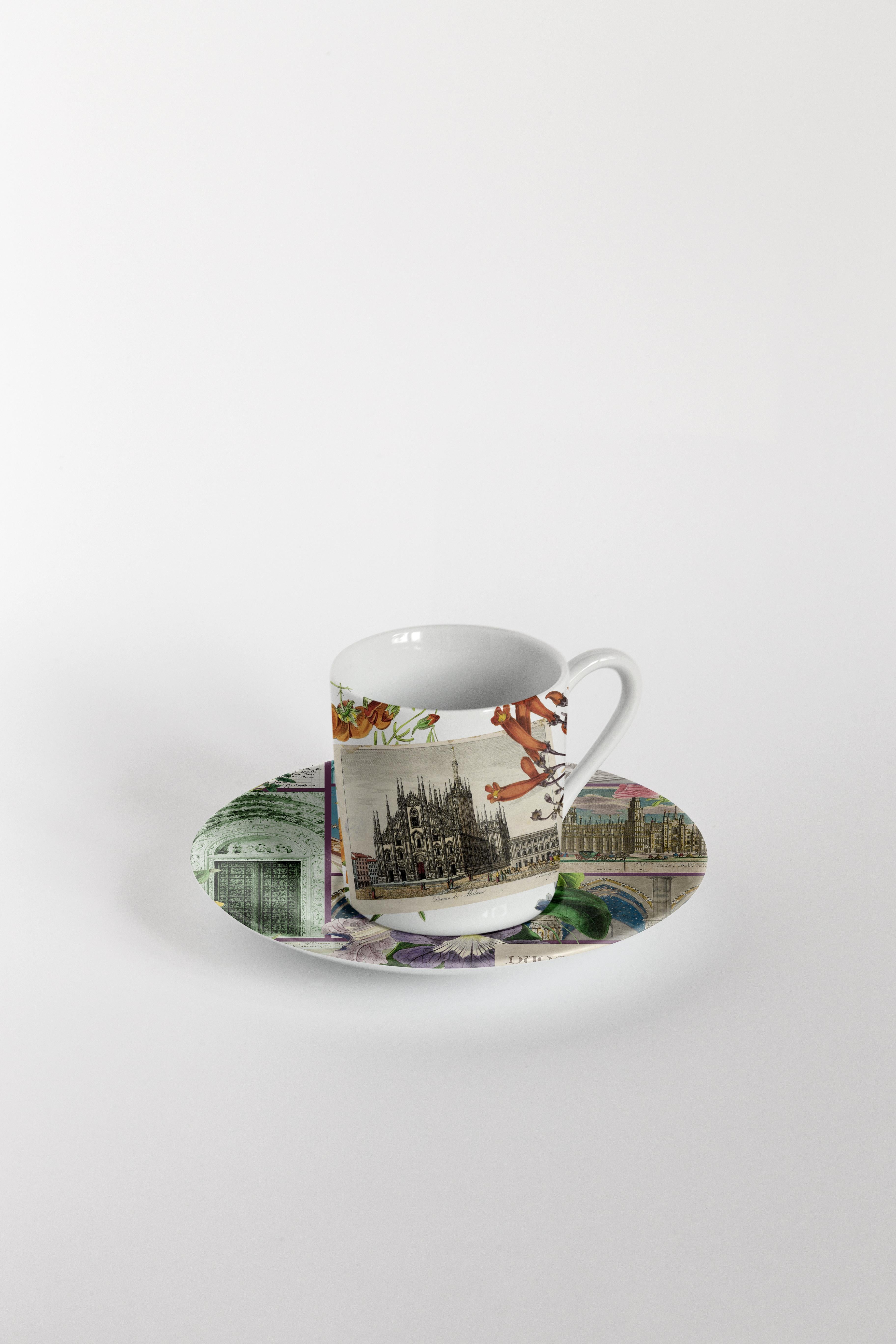 Italian La Storia Infinita, Six Contemporary Decorated Coffee Cups with Plates For Sale