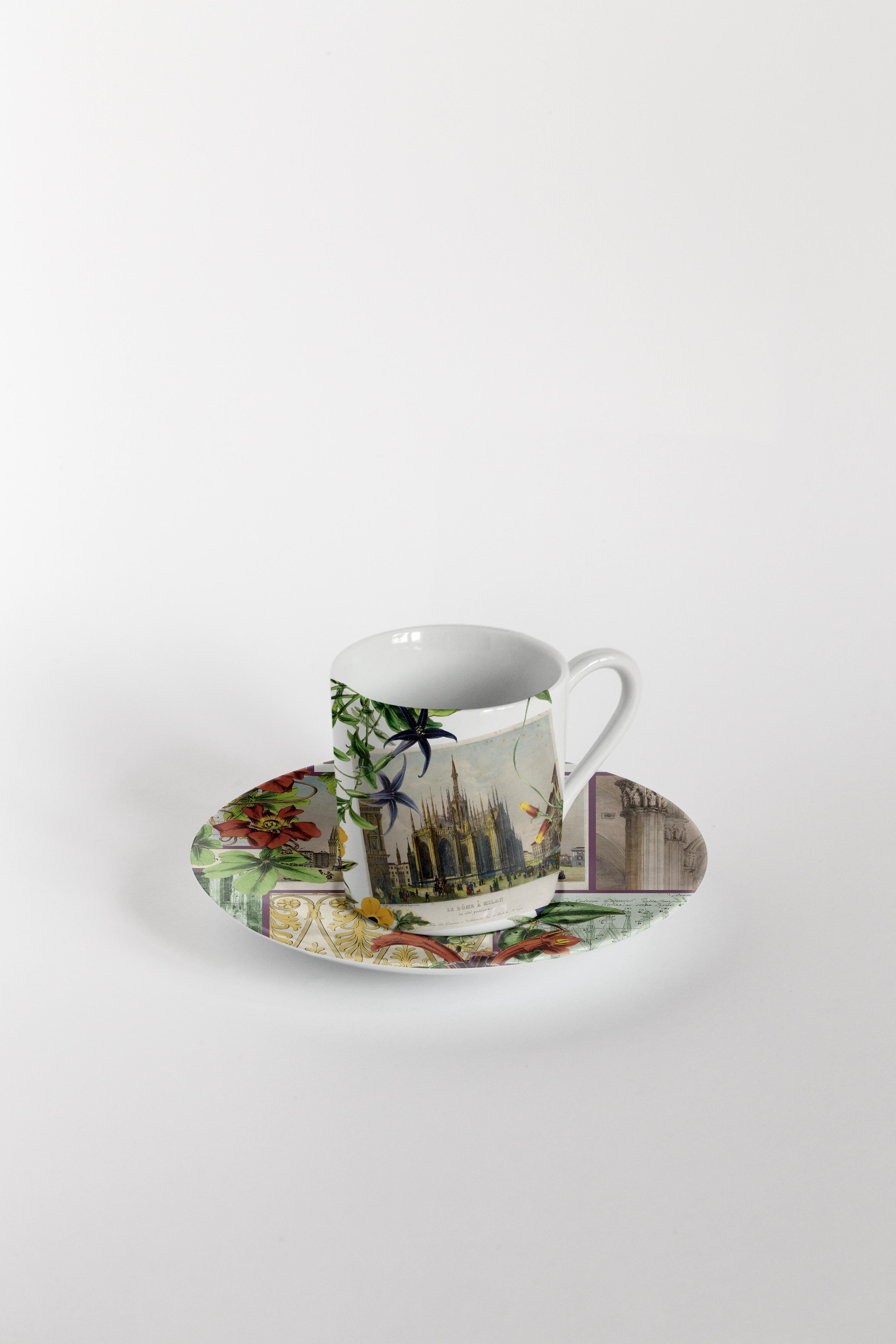 Porcelain La Storia Infinita, Six Contemporary Decorated Coffee Cups with Plates For Sale