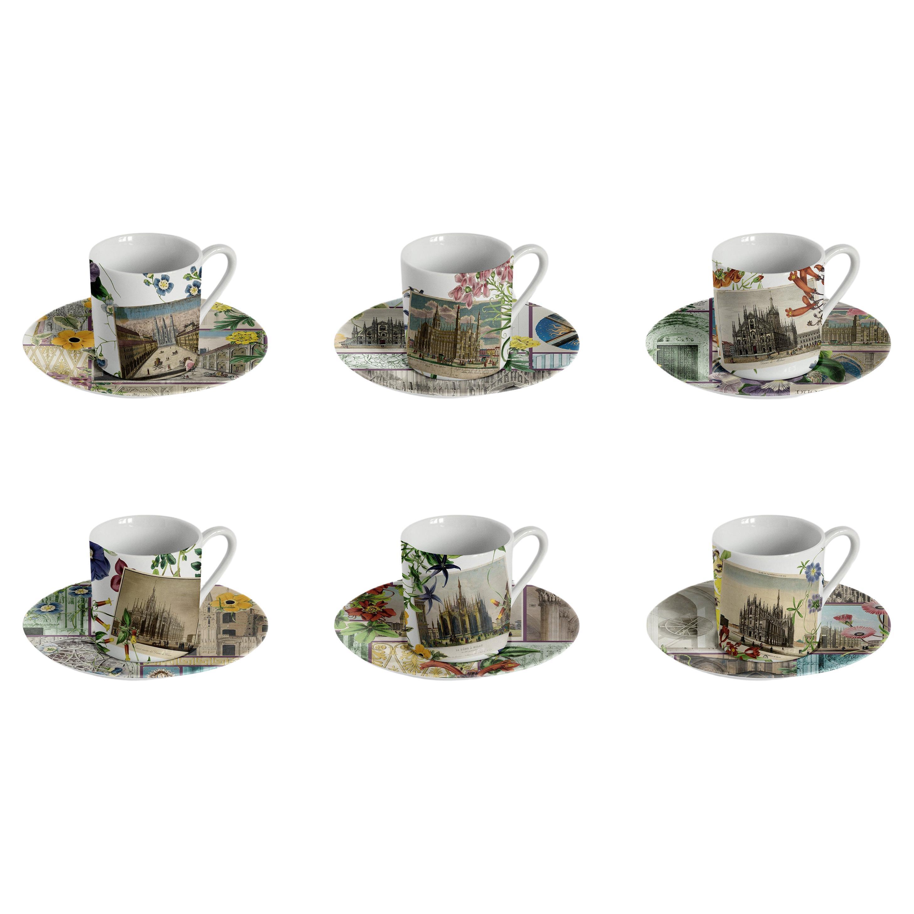 Six tasses à café décorées contemporaines avec assiettes La Storia Infinita en vente