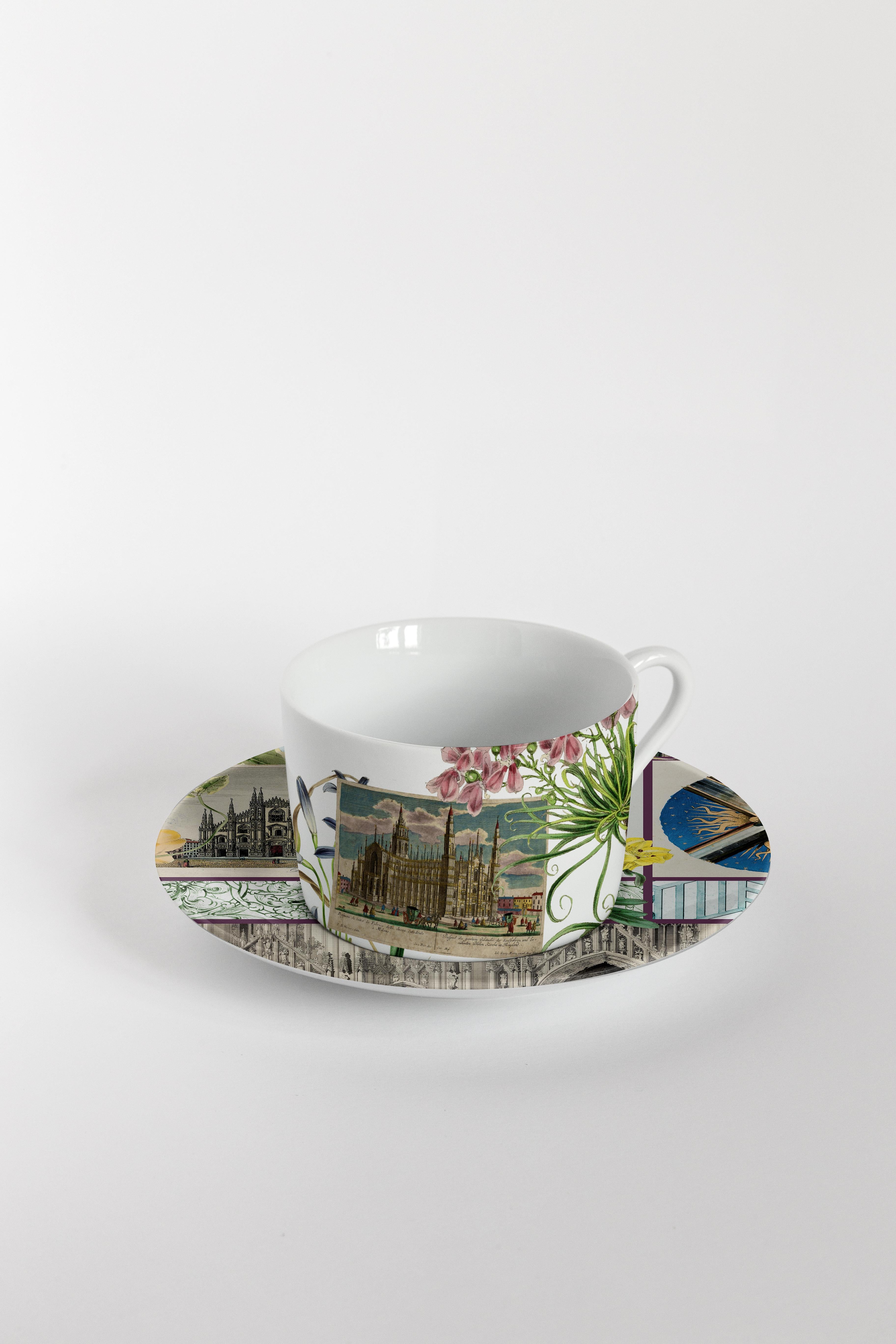 italien Six tasses à thé décorées contemporaines avec assiettes La historia Infinita en vente